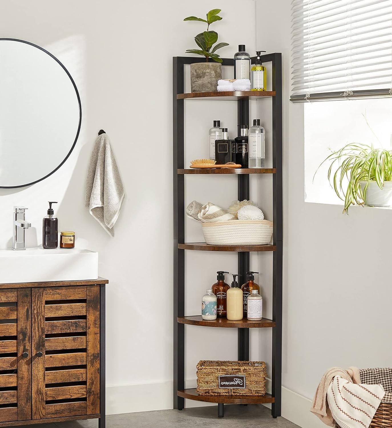 VASAGLE Corner Shelf, 5 Tier Bookshelf, Tall Corner Storage Shelves, Plant Stand for Living Room, Bedroom, Bathroom, Home Office, Rustic Brown and Black ULLS803B01