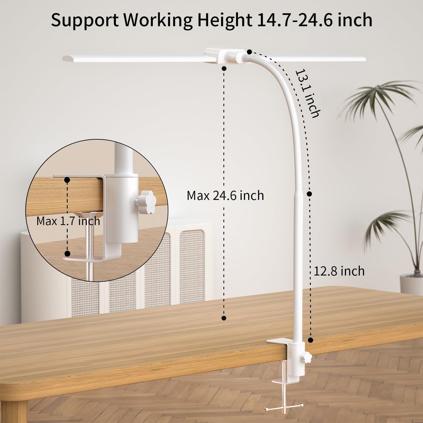 KableRika Desk lamp,Double Head LED Desk Lamp with Clamp,Architect Desk Lights for Home Office,Eye-Caring Desktop Office Lamp 4-Brightness 4-Color Table Lamp for Monitor Workbench Reading White
