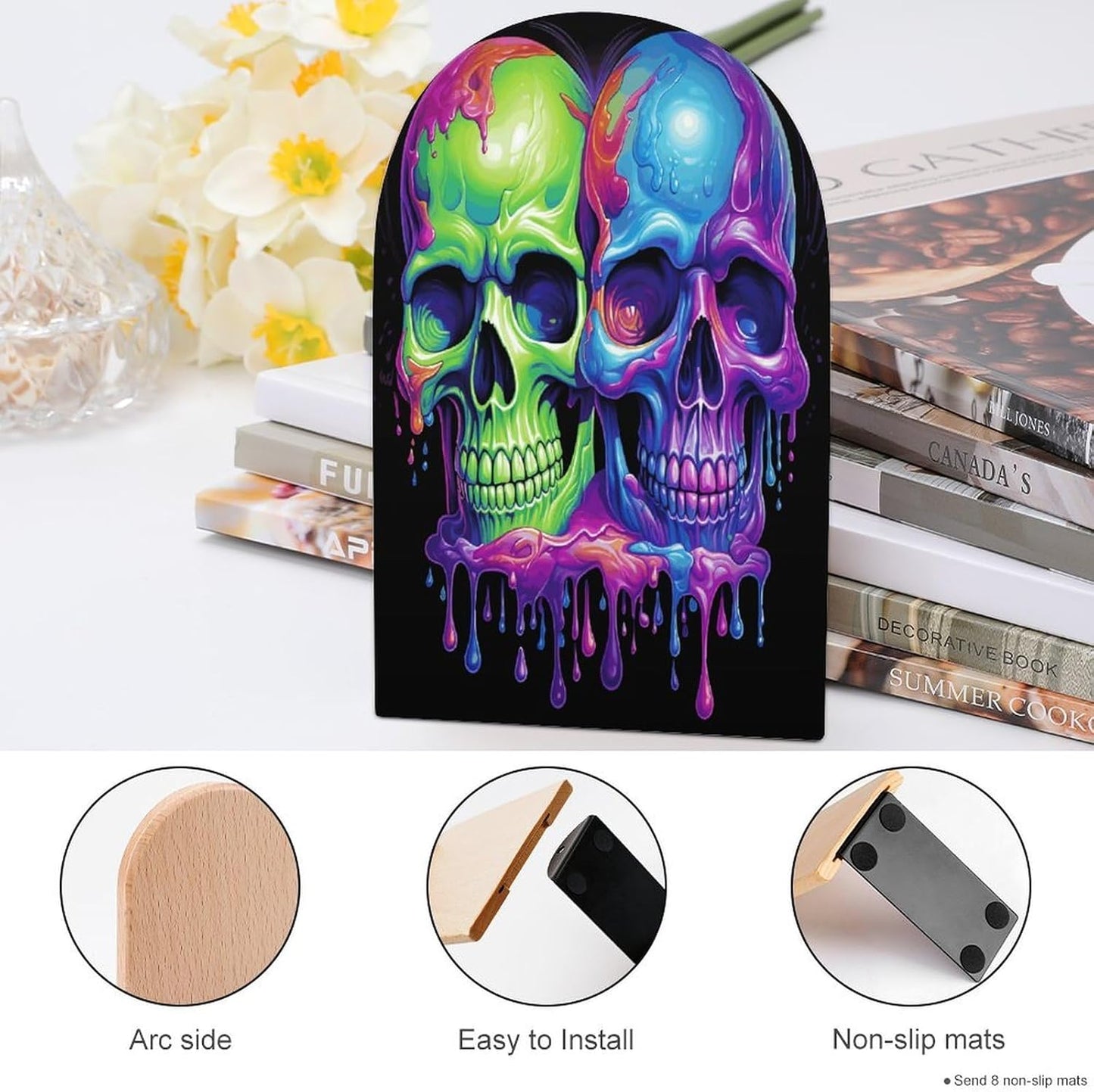 Two Colorful Skulls Bookend for Shelves Wooden Book End Large Size Sturdy Book Holders Stoppers with Metal Base for Bookshelves Slick Decorative Bookends Stands