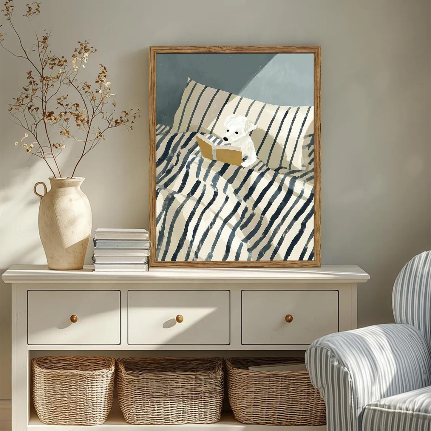 Funny Dog Reading Wall Art Whimsical Dog in White and Blue Striped Bed Wall Decor Painting Eclectic Animal Poster Canvas Print for Bedroom Living Room Bathroom 24x16 inch Wood Framed