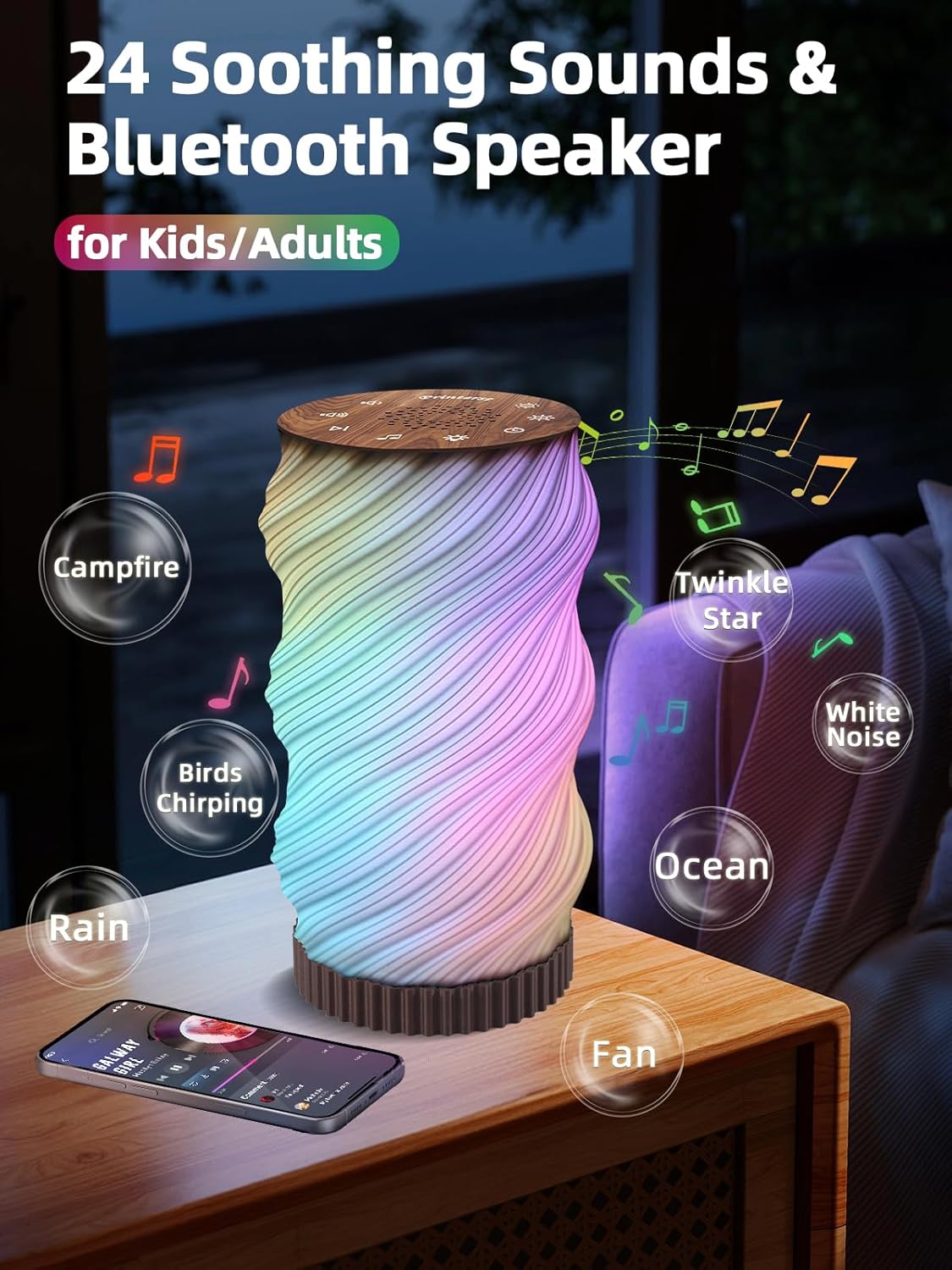Touch Bedside Lamp with Sound Machine for Adults, Dimmable Night Light for Bedroom, 3-in-1 Bluetooth Speaker & White Noise Machine for Sleeping, Relaxation Dynamic Mood Lighting (Campfire/Breathing)