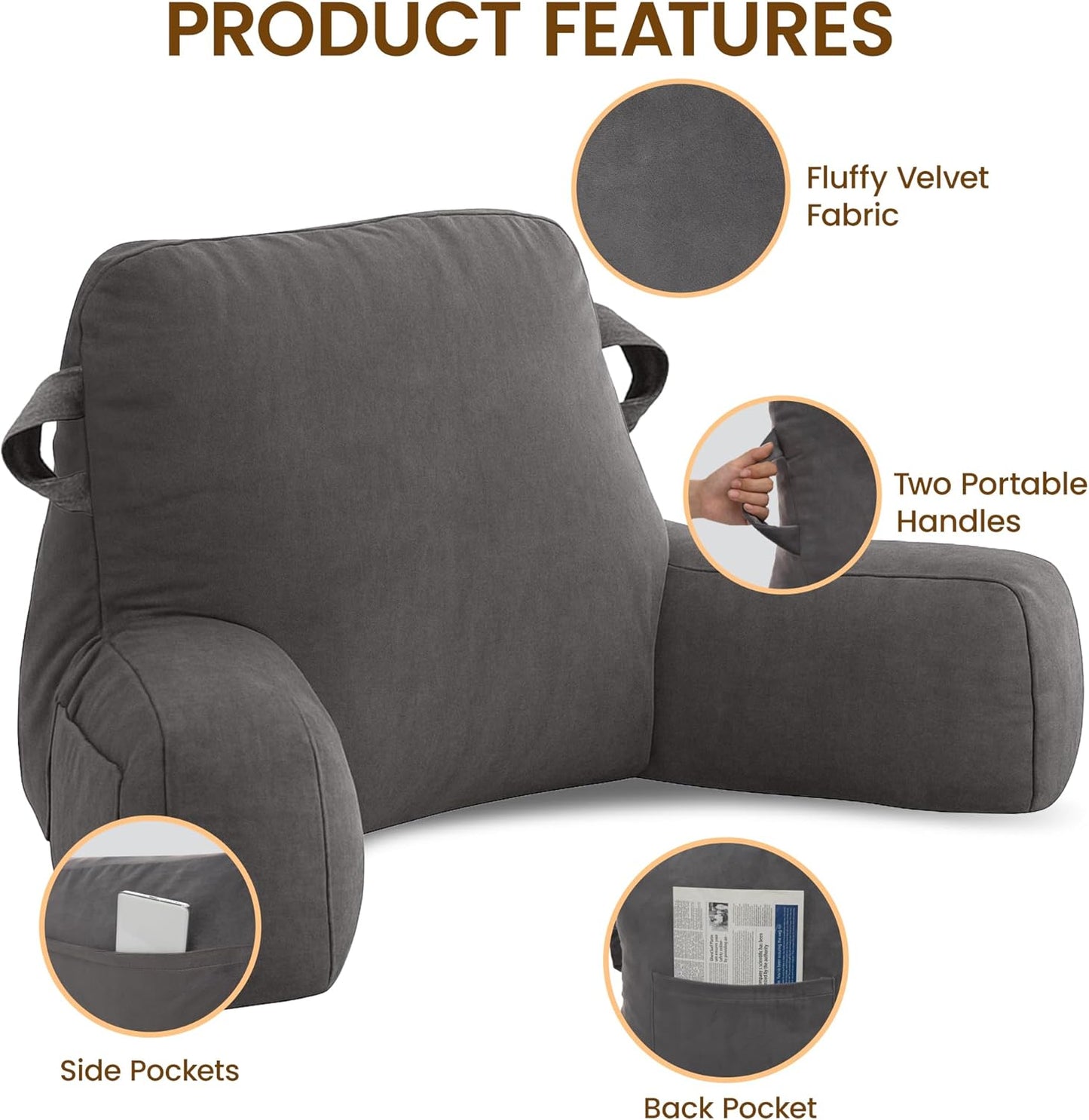 Portable Comfy Reading Pillows for Bed Sitting Up(Light Grey Oeko-Tex), Velvet Back Pillow with Arms & Pockets for Adults, Support Memory Foam Bed Pillow for Dorm/Reading/Watching/Gaming