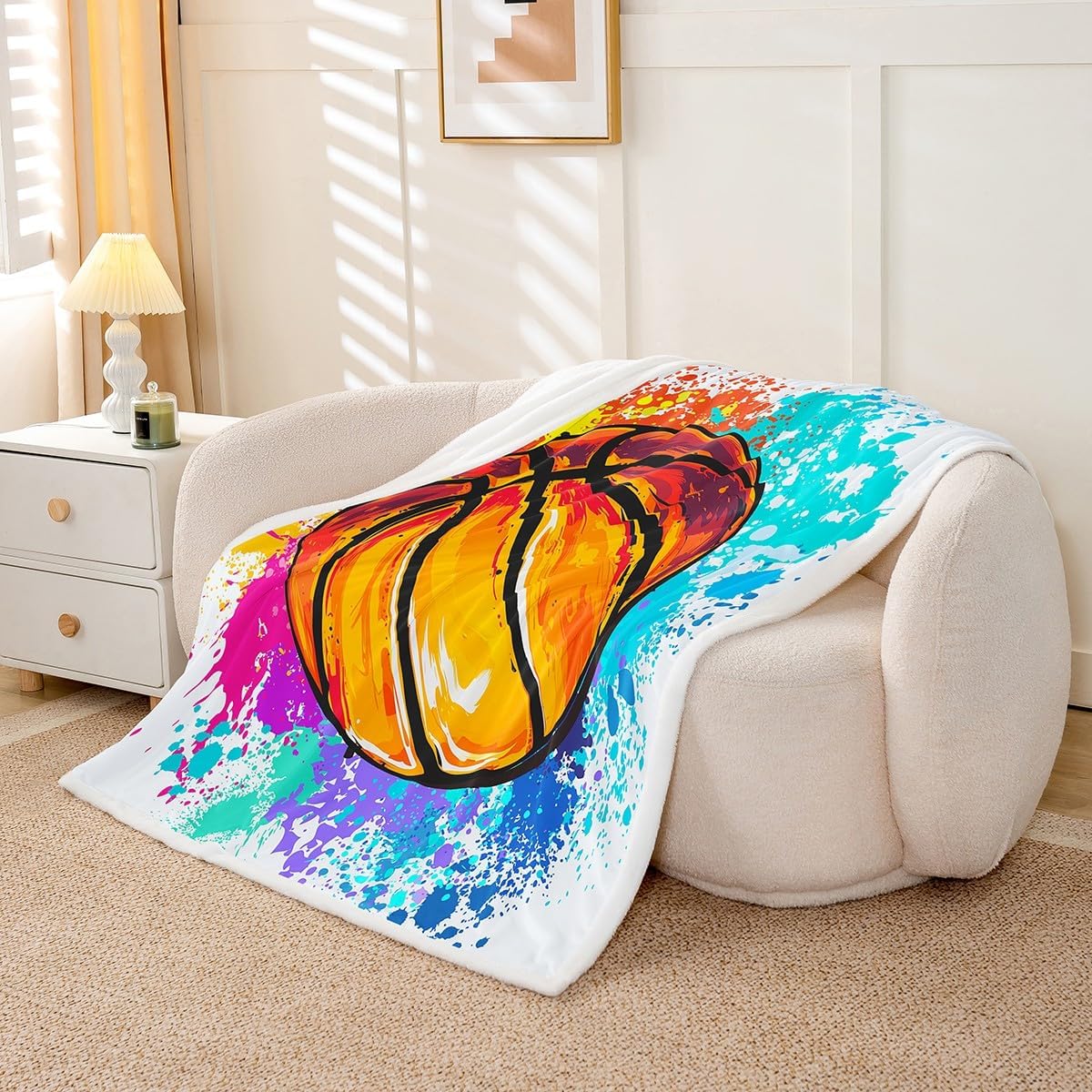 Watercolor Tie-dye Throw Blanket Cartoon Basketball Print Fleece Blanket Youthful Bed Blanket for Couch or Bed Sports Gaming Blanket Soft Warm Lightweight for Kids Adults Women Gift(Throw 50"x60")