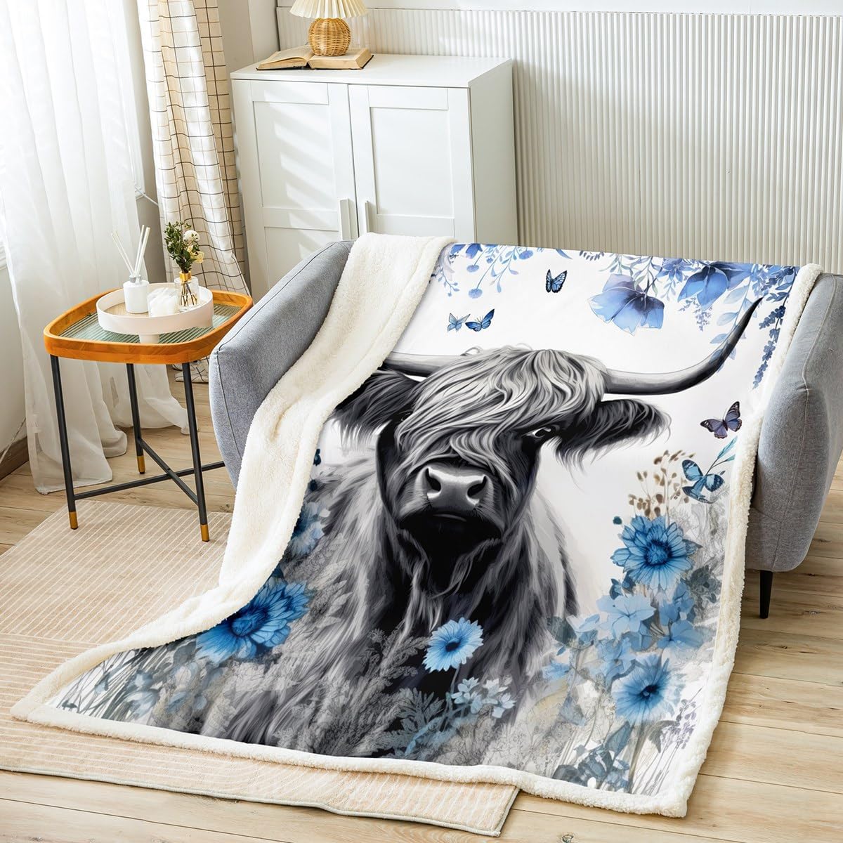 Erosebridal Highland Cow Fleece Blanket Blue Flowers Plant Blanket for Man Women,Western Animals Cowboy Throw Blanket Longhorn Bull Cattle Blanket 90"x90",Botanical Floral Leaf Bohemian Room Decor