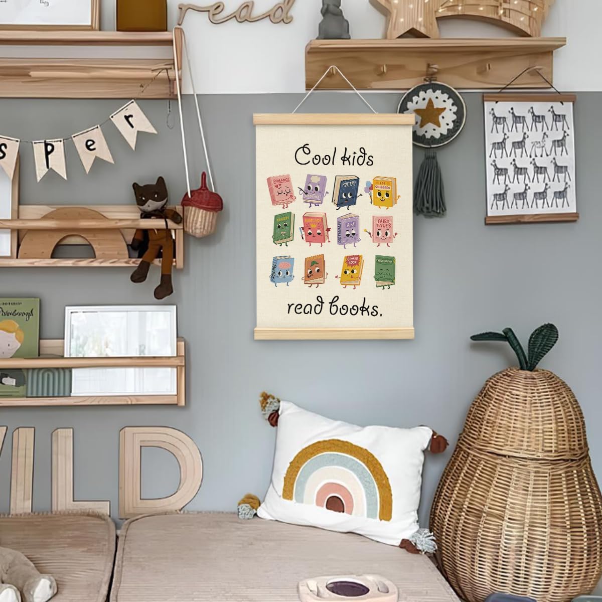 Wheatwin Cool Kids Read Books Wall Art with Wooden Poster Hanger, Reading Corner Decor for Classroom, Reading Nook Decor, Kids Wall Decor, Classroom Wall Decor, 12x16 Inch