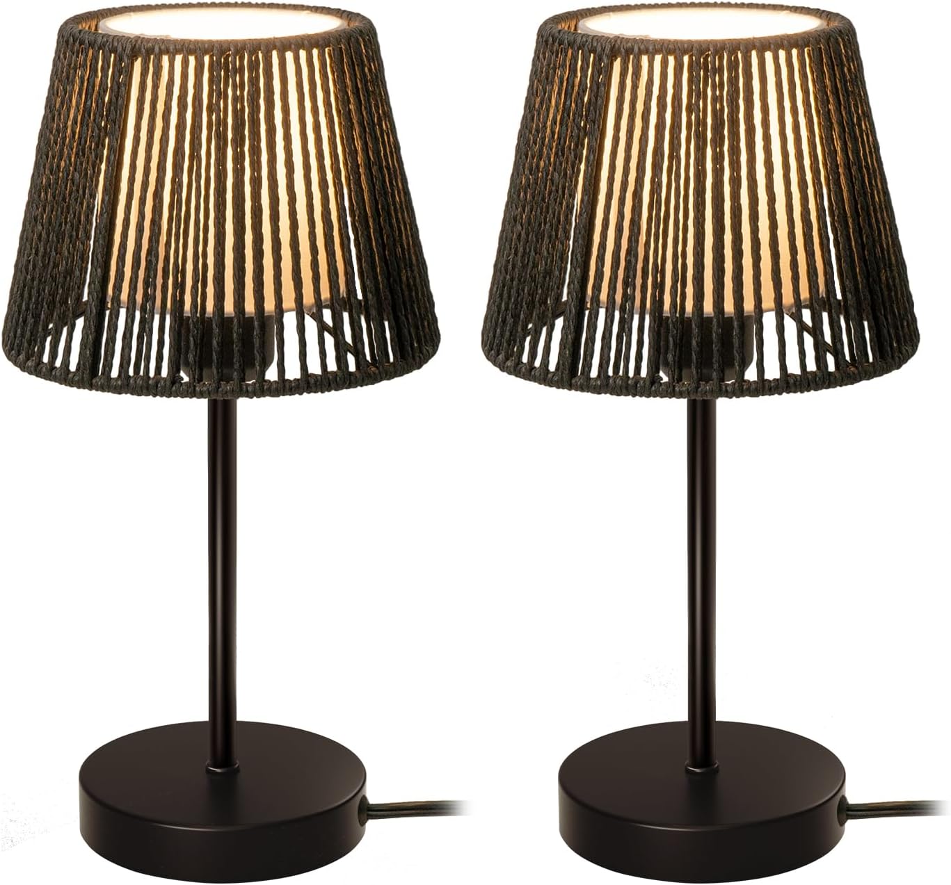 Touch Boho Lamp Dimmable, 3-Way Bedside Table Lamp 14.2", Rope Light for Bedroom Nightstand Farmhouse, Bulb Included, 2 Packs (Black)