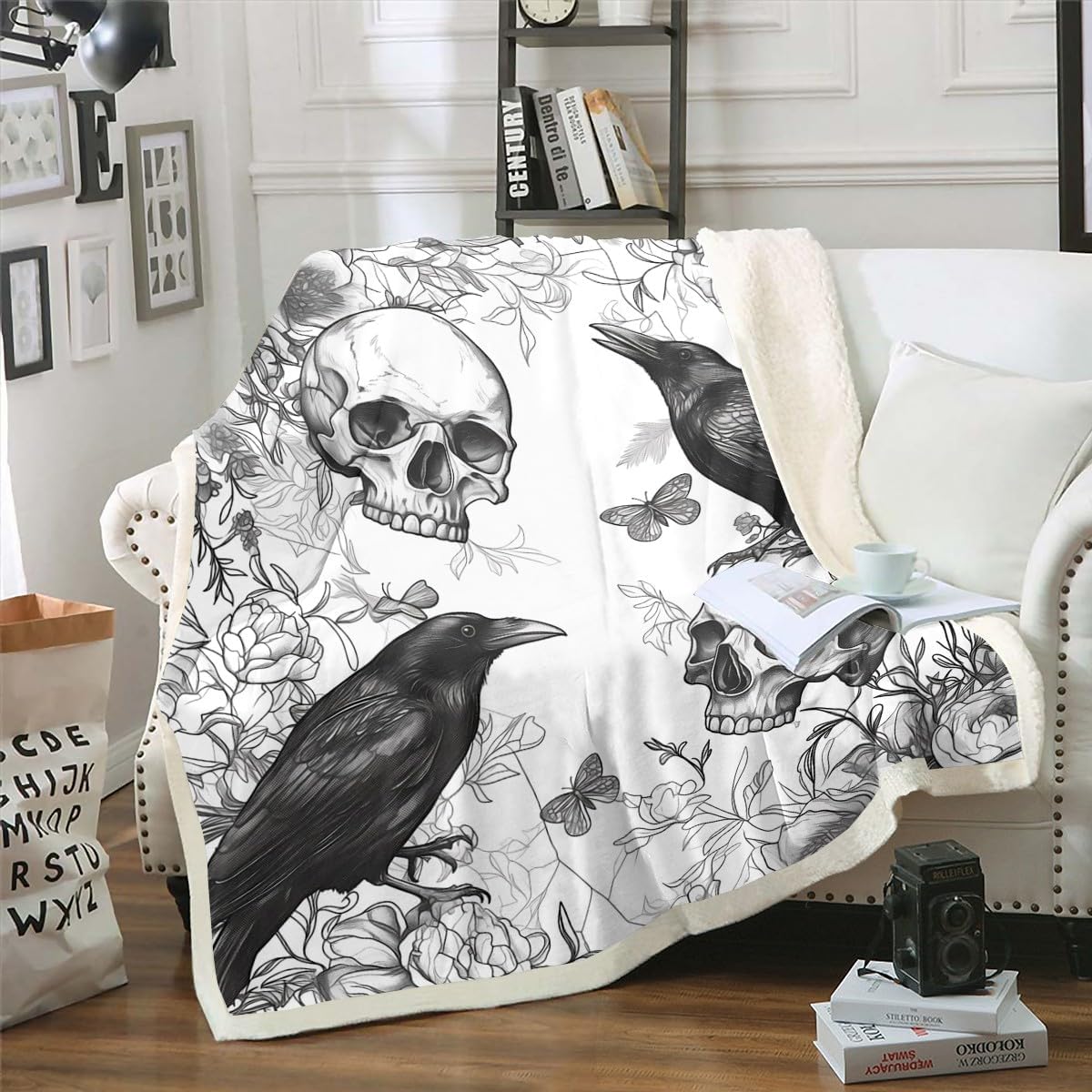 Feelyou Happy Halloween Sherpa Blanket Throw 50"x60" Sugar Skull Fleece Throw Blanket for Bed Sofa Couch Decor Horror Theme Plush Blanket Boys Girls Raven Animal Print Fuzzy Blanket Flannal Blanket
