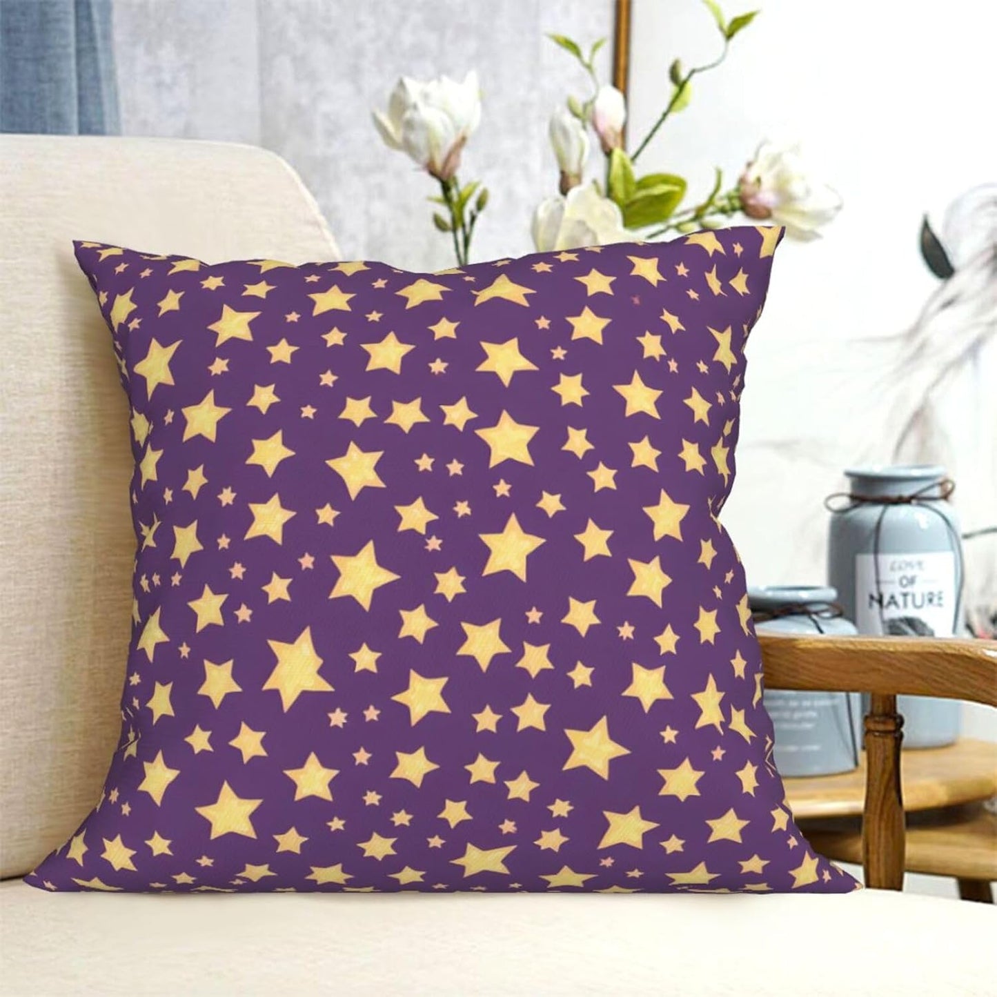 All-Season Square Pillow Covers 18"X18", Yellow Stars, Decorative Throw Pillow Covers for Sofa Bed Couch, Hidden Zipper Cushion Cover, Square Lumbar & Accent Pillowcases for Home Decor