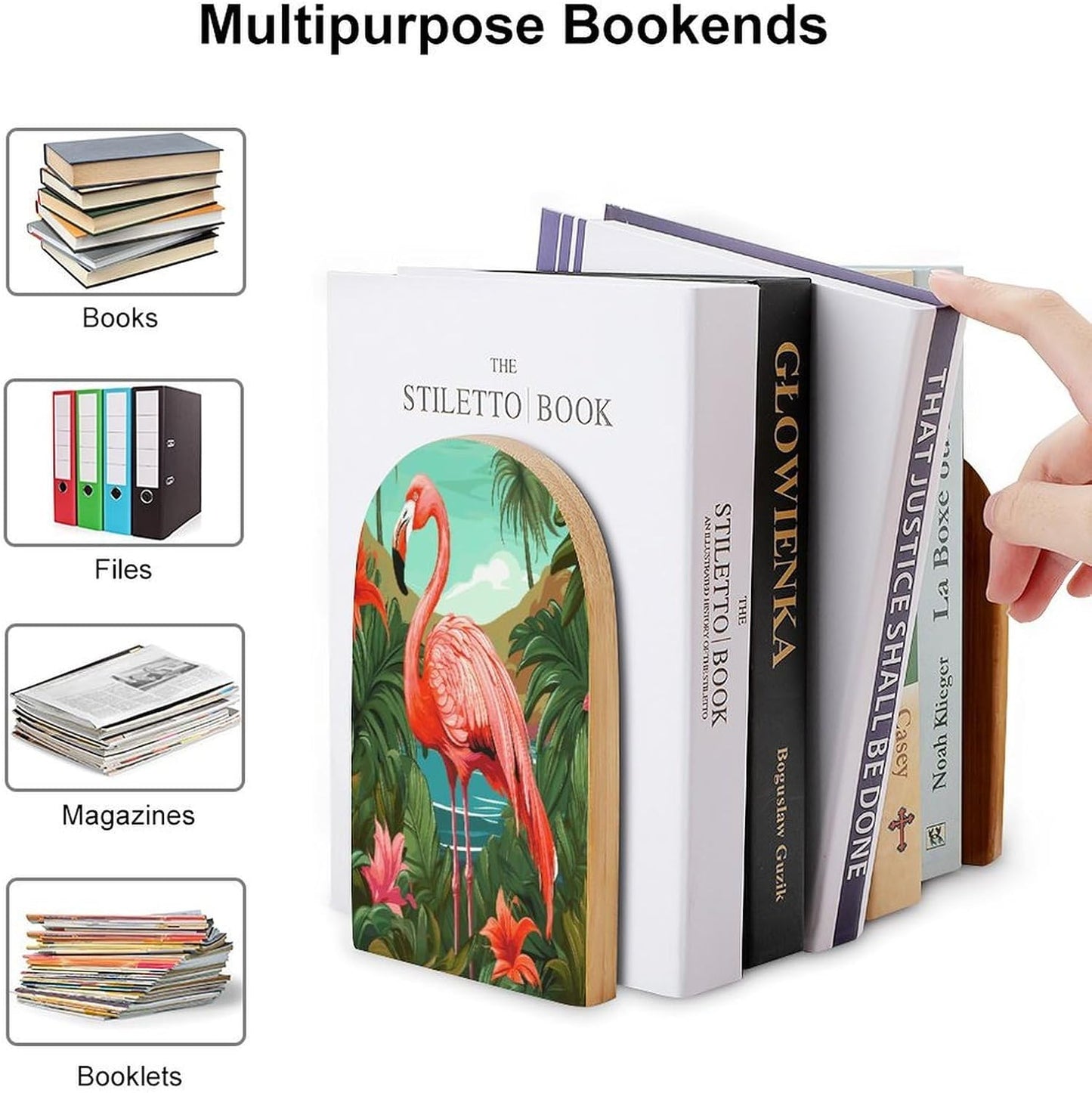 Tropical Flamingo Bookend for Shelves Wooden Book End Large Size Sturdy Book Holders Stoppers with Metal Base for Bookshelves Slick Decorative Bookends Stands