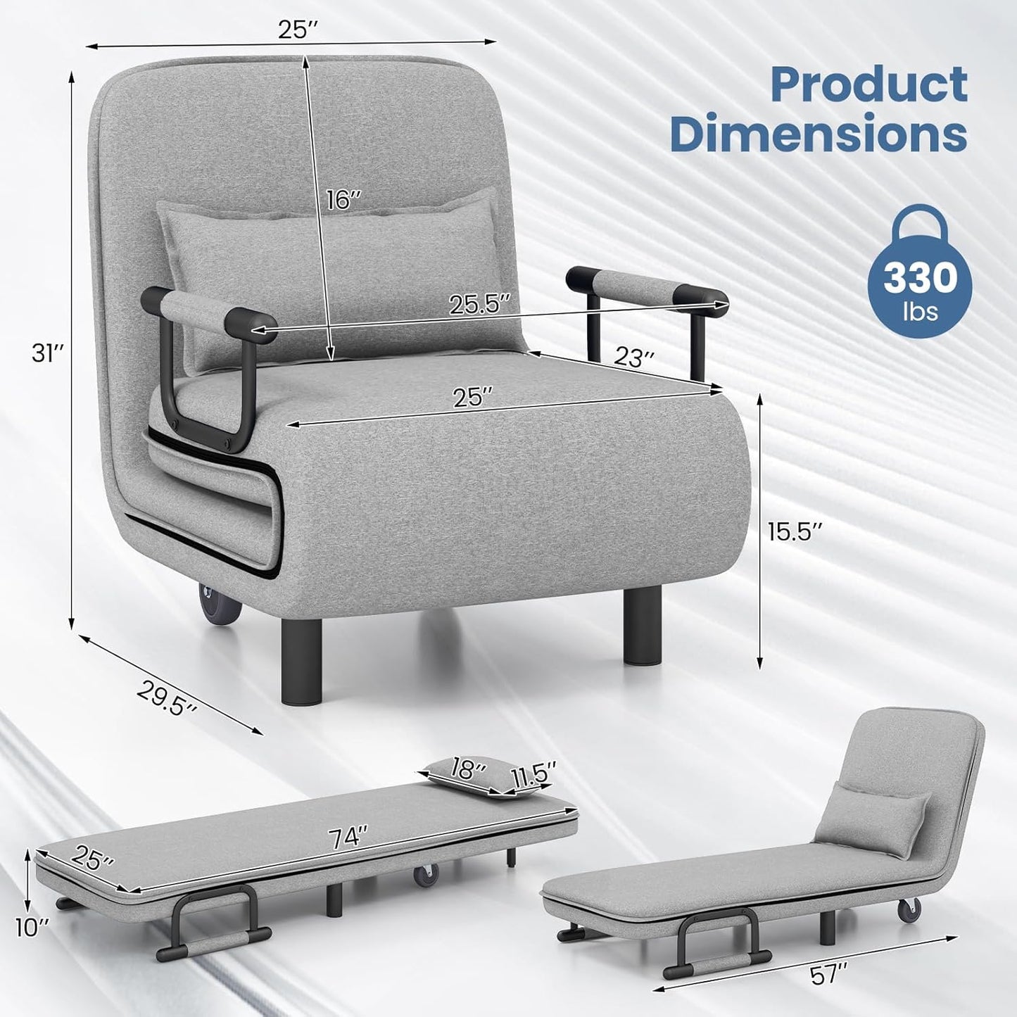 KOMFOTT Convertible Chair, Sleeper Chair with 5-Position Adjustable Backrest & Lumbar Pillow, 2 Hidden Metal Legs & 2 Lockable Casters, Comfy Chaise Lounge for Living Room & Home Office, Grey