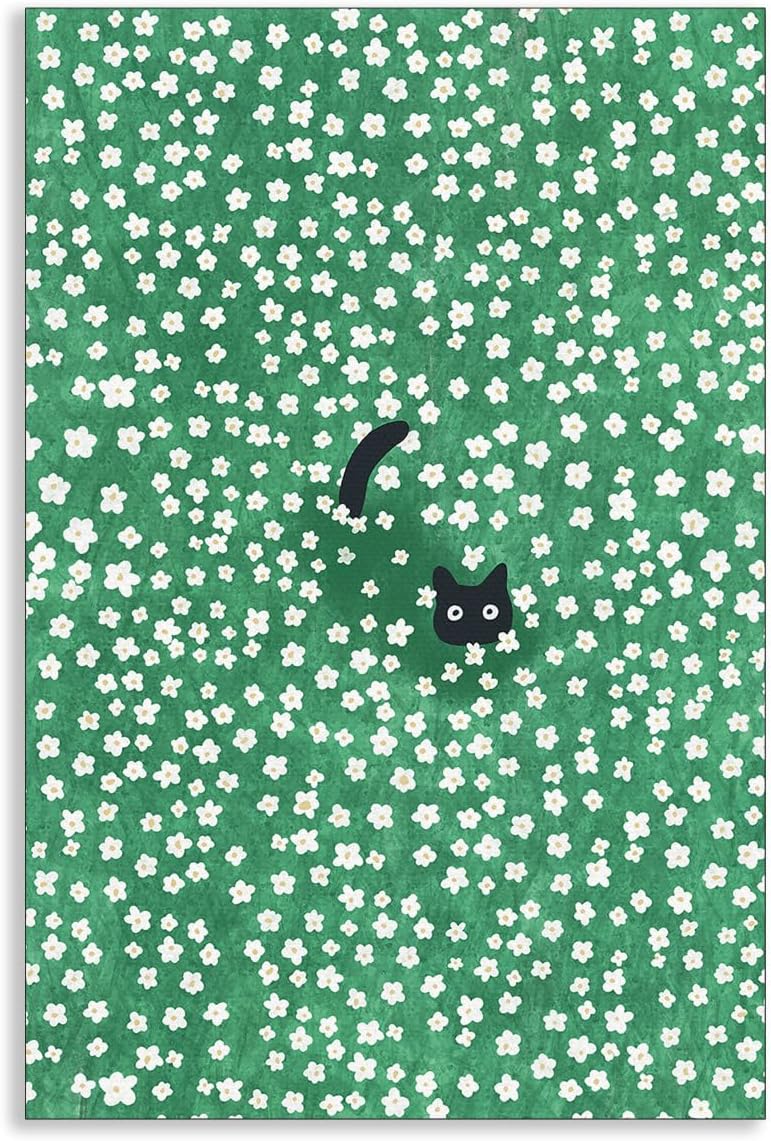 Black Cat Canvas Wall Art, Cute Cat In Daisies Meadow Aesthetic Poster, Adorable Animal Picture Rich Green Print Painting for Bedroom, Nursery Wall Decor Pet Lover Gift 12x16in Unframed