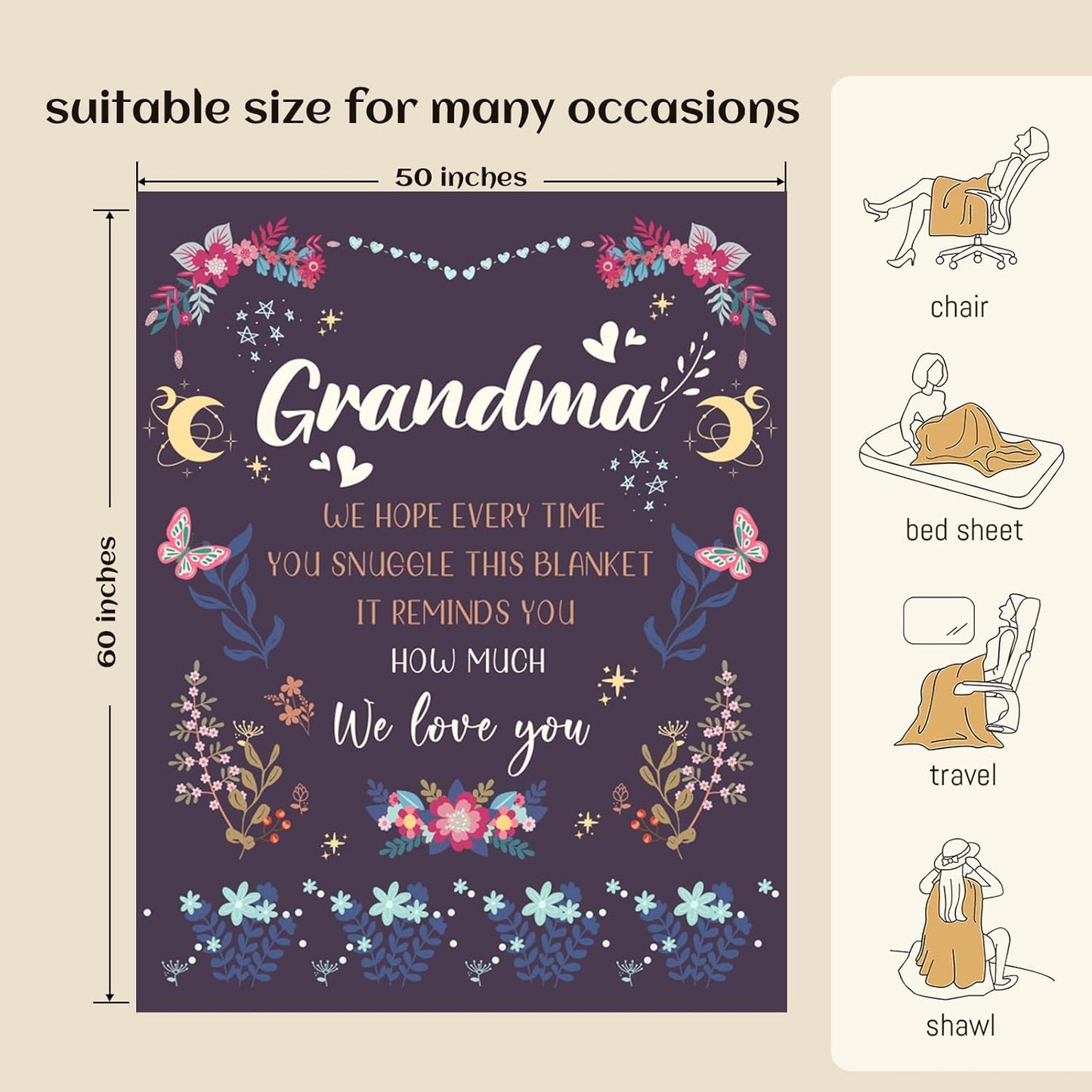 BeneCharm Grandma Blanket Gifts - 60' x 50' - Birthday for Grandma from Grandkids