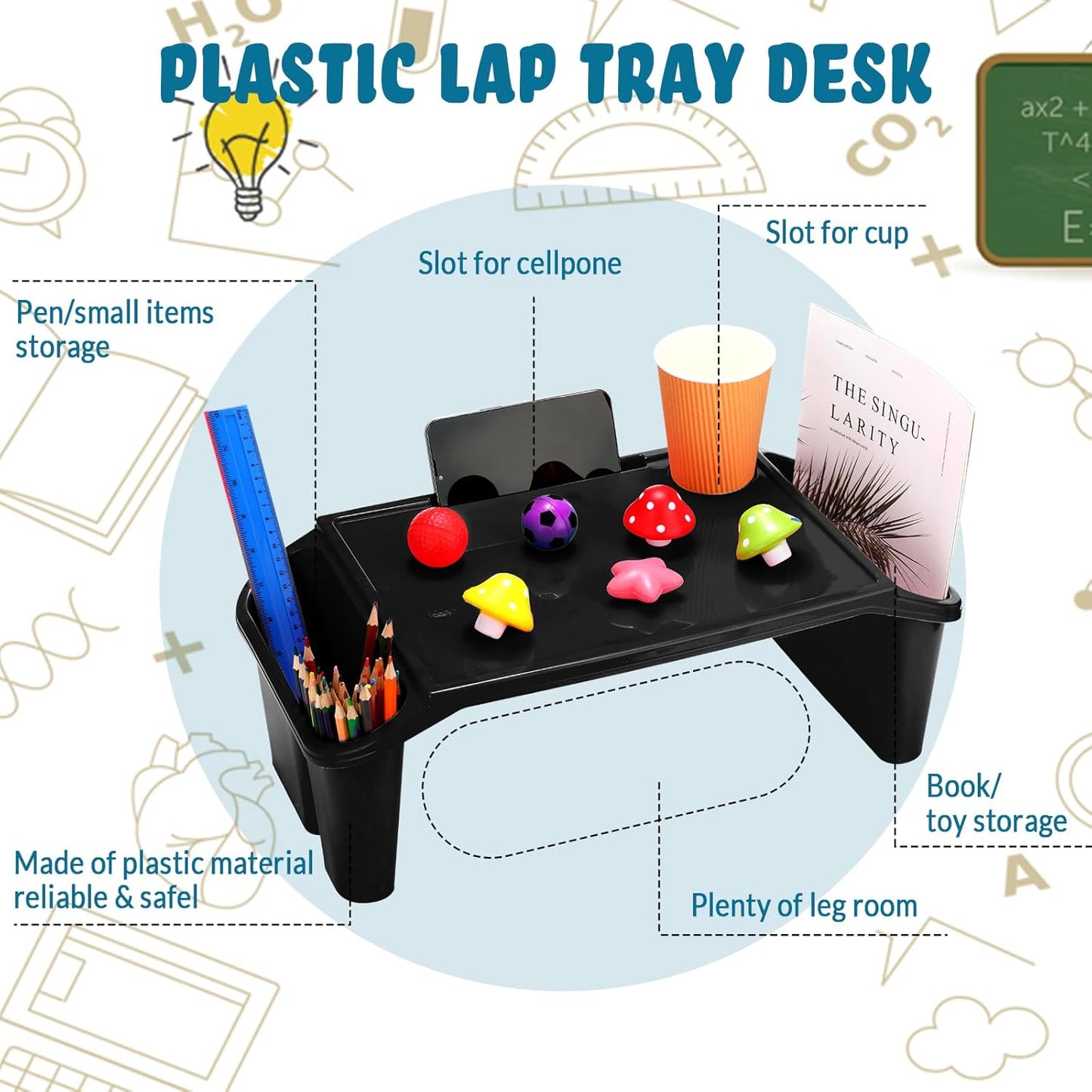 Kisston 12 Pcs Kids Lap Desk Bulk Tray Lap Table Bed Table Plastic Desk with Extra Storage Space Activities Children Portable for Kids Students Work Study School Classroom(Black)