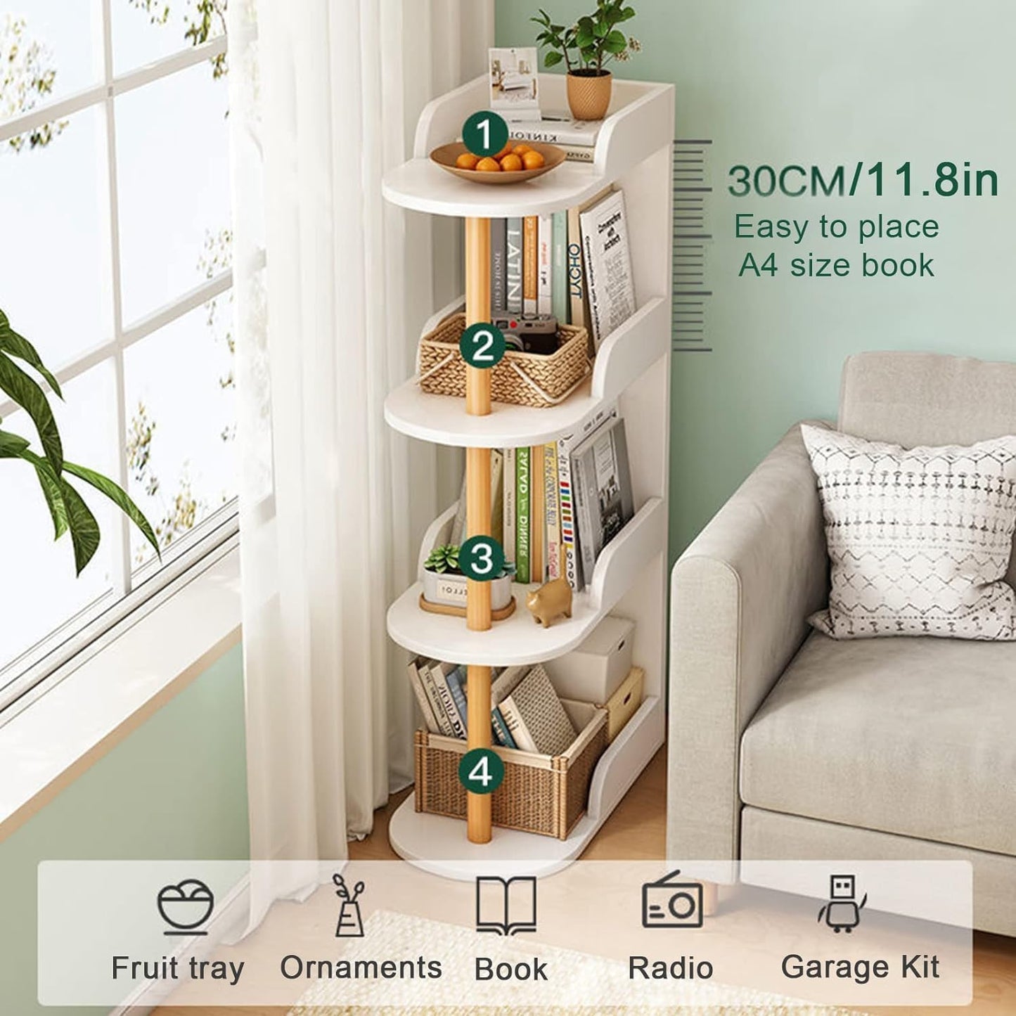 IRYZE Modern Open Bookshelf Corner Bookshelf Free-Standing Wooden Book Rack Small Spaces Bookcase Storage Organizer for Home Office Multifunctional Display Stand (Color : White, Size : 4 Tier)