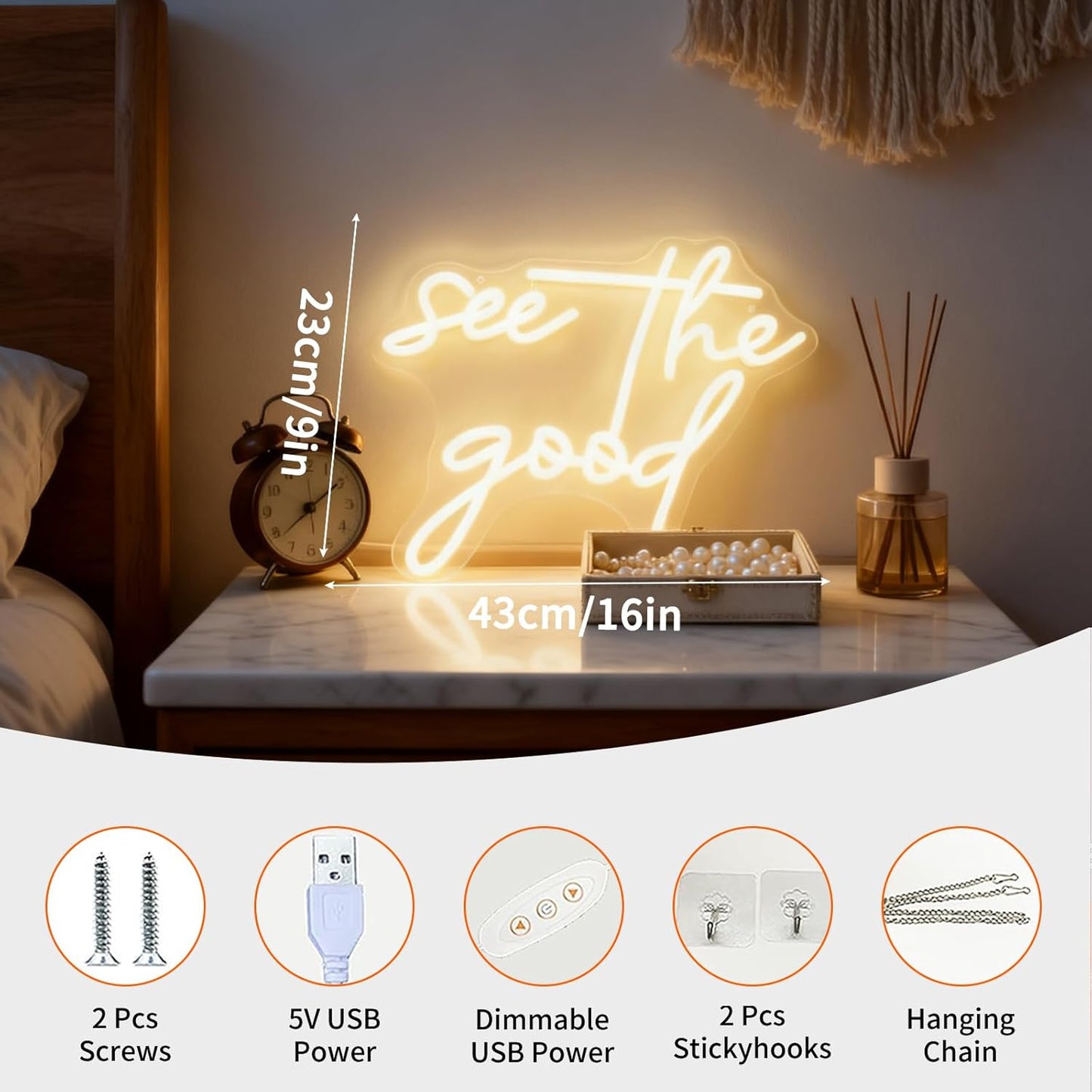 See the Good Neon Sign, Inspirational Quote White LED Neon Light, USB Powered Decorative Light for Home Bedroom Living Room Office Wall Table Decor 9.1 x 16.9 In