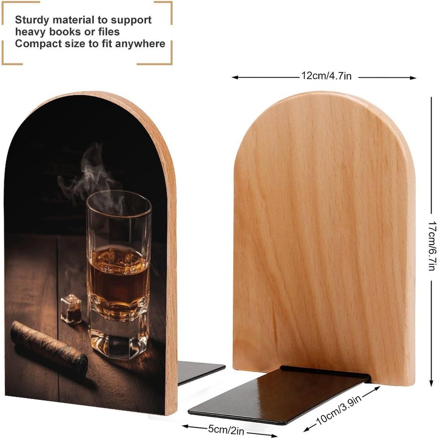 Cigar & Whiskey Bookend for Shelves Wooden Book End Large Size Sturdy Book Holders Stoppers with Metal Base for Bookshelves Slick Decorative Bookends Stands