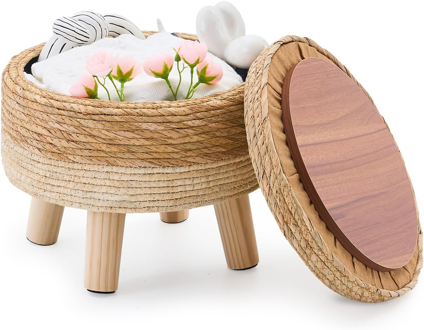 Cpintltr Storage Ottoman Poufs Handwoven Footstool Natural Seagrass Round Footrest Stool with 4 Wood Legs Soft Padded Outdoor Seat for Hallway Lounge Bedroom Garden