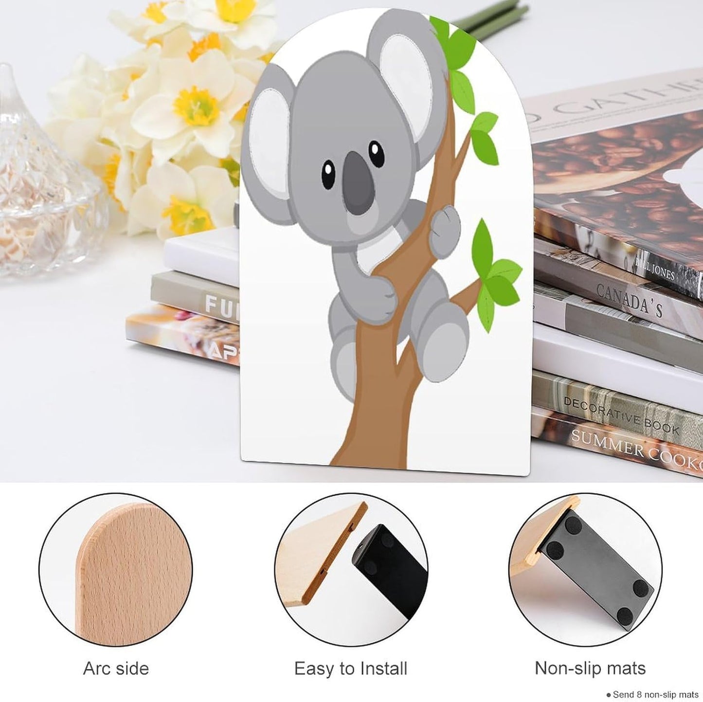 Hugging Tree Koala Wooden Bookend Non-Slip Book Ends Heavy Duty Book Stopper with Metal Base Books Holderd Decorative Bookends Stands Firmly for Office Supplies