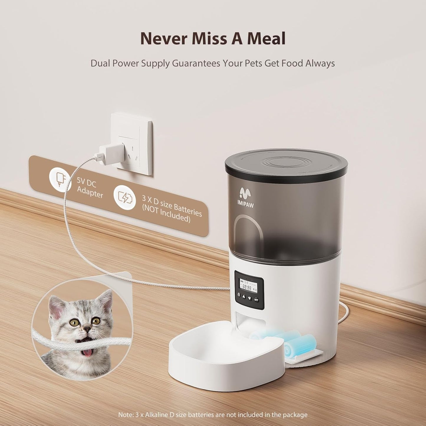 IMIPAW Automatic Cat Feeders, 3L Timed Cat Dry Food Dispenser with Desiccant Bags, Dual Power Supply, Programmable Portion Size, 6 Meals, 20 Portions Per Day, Auto Pet Feeder for Cats and Small Dogs