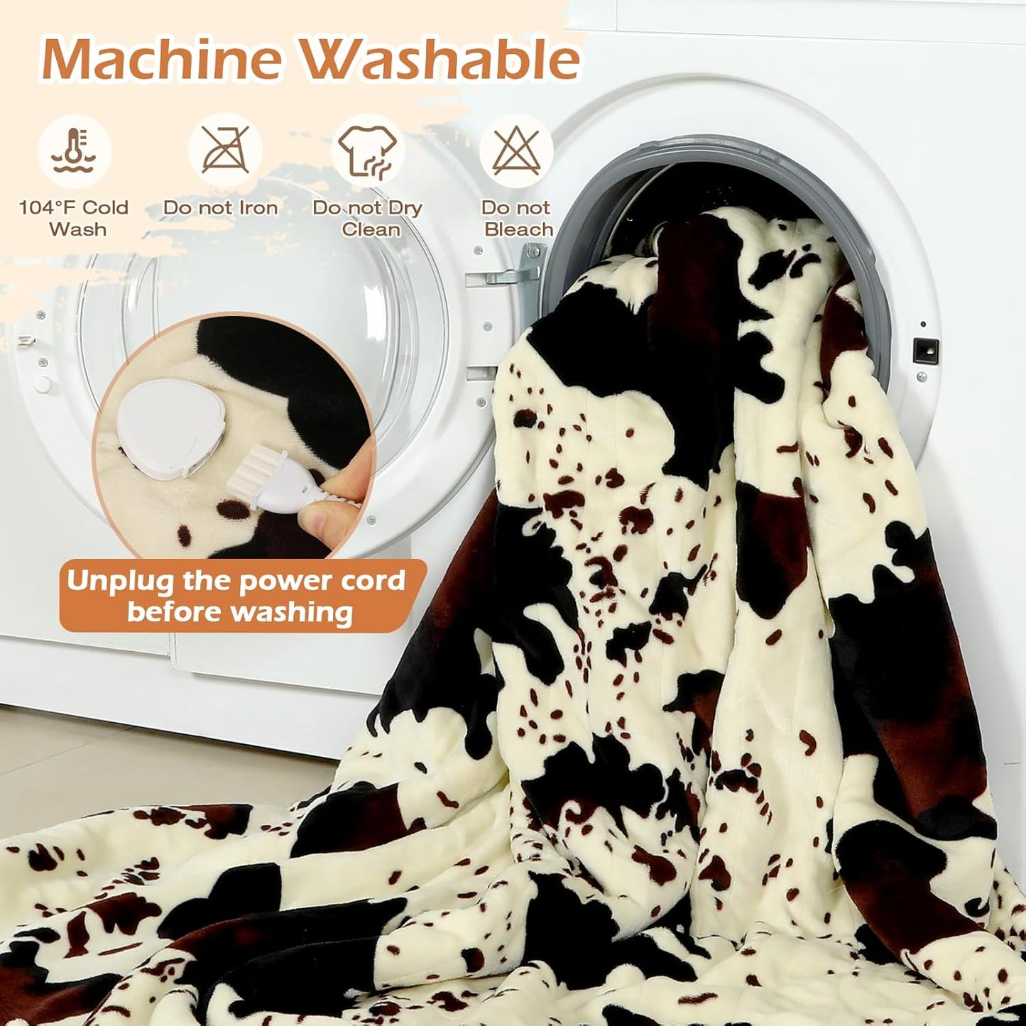 Heated Twin Blanket, 60"x80" Cow Print Electric Twin Heating Blanket, Cozy Soft Flannel Sherpa Heating Blankets with 9 Heat Levels & 2/4/8/12H Auto-Off