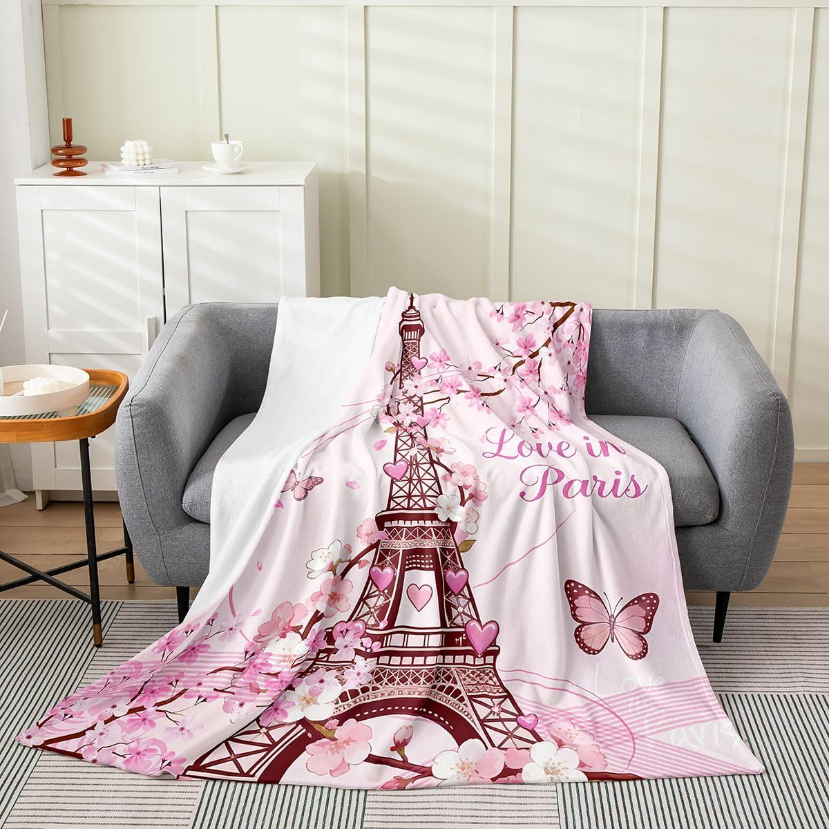 Feelyou Paris Flannel Fleece Throw Blanket,All Season Eiffel Tower Bed Blanket Cherry Blossoms Fuzzy Blanket for Bed Sofa Couch,Bedroom Decor Paris Decor Pink Plush Blanket Baby 30"x40"