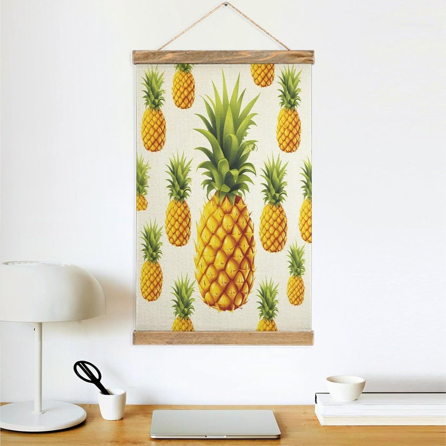 Vintage Yellow Pineapple on White Background Illustration Poster with Wooden Frame Personalized Linen Hanging Scroll Painting Rustic Wall Hanging Illustrative Modern Artwork Decor for Home Living Room
