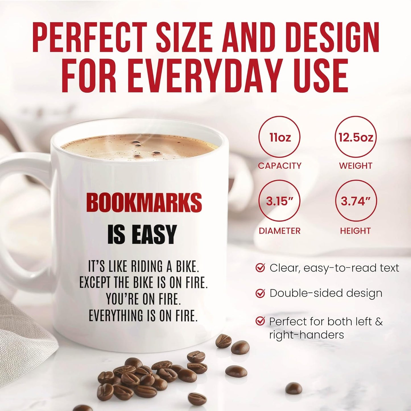 Bookmarks Is Easy Mug - Reading Coffee Cup - Bookworm Funny Gift From Friends - Literary Hobby Tea Mugs - Collector Cups - 11 Oz Ceramic Gifts For Readers, Birthday, Him, Her, Christmas, Book Story