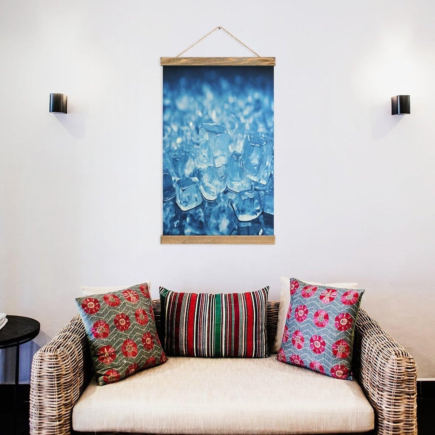Vintage Blue Ice Cube Background Poster with Wooden Frame Personalized Linen Hanging Scroll Painting Rustic Wall Hanging Illustrative Modern Artwork Decor for Home Living Room Bedroom Office