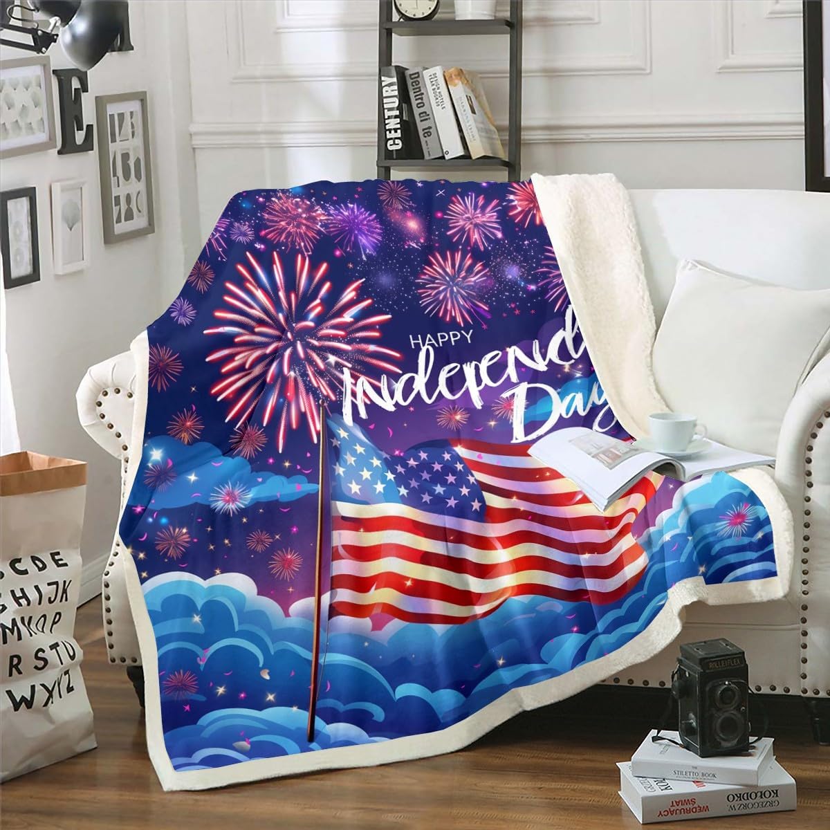 Erosebridal American Flag Blanket Independence Day Fleece Blanket,Fourth of July Throw Blanket 50"x60",Rainbow Fireworks Bed Blanket Veterans Day Decorations