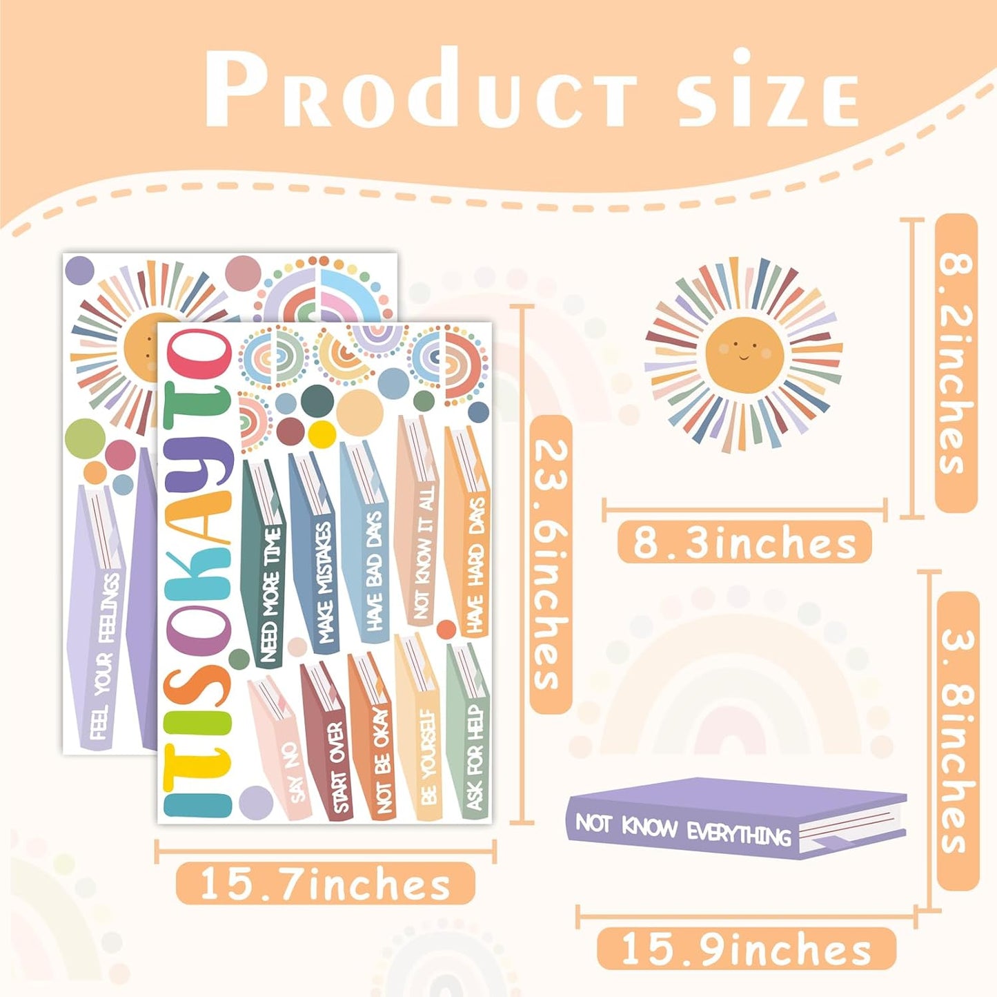 Kids Inspirational Wall Decals Motivational Quotes Wall Stickers Peel and Stick Reading Wall Decals Watercolor Polka Dots Rainbow Sun Wall Stickers for Nursery Classroom Playroom Reading Room Decor