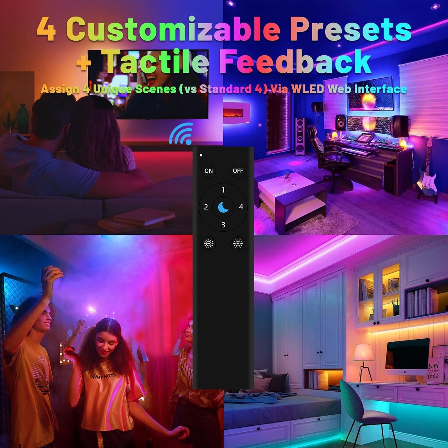 DOM-WLE-RC005 Pro WLED Remote Control with 4 Tactile Scene Buttons RGB IC LED ESP Now APP WiFi Wireless Brightness,50m WiFi Direct Control, Instant Pairing, No App Needed