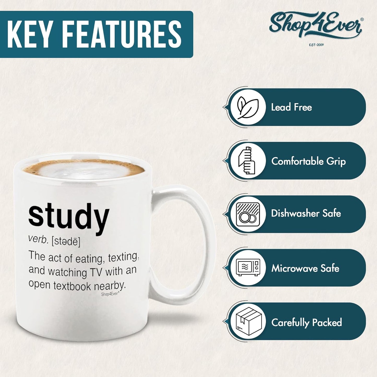 shop4ever Study Definition Ceramic Coffee Mug Tea Cup, Gift for College Student Graduate 11 oz (White)