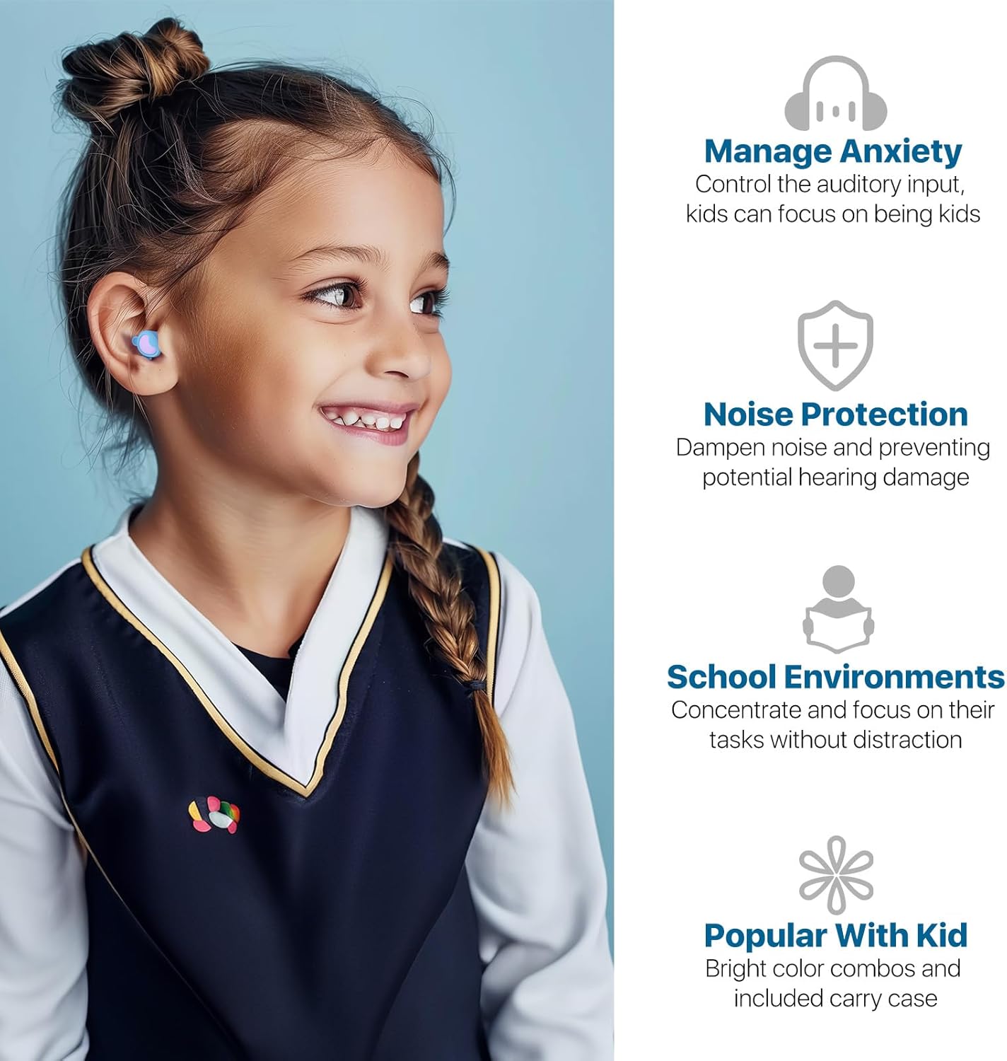 Kids Ear Protection Kids Ear Plugs (6-12yrs) - Reusable Everyday Noise Relief for Child Adult with Small Ear Canal, for Focus, Anxiety, Stress, School, Home, Playtime –26 dB Noise Reduction