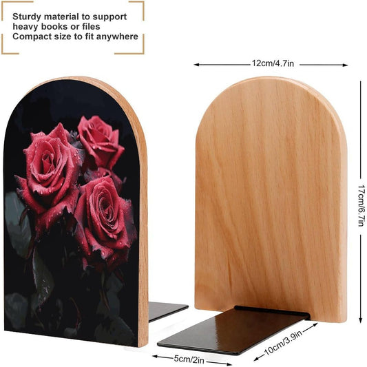 Red Rose and Black Leaves Wooden Bookend Non-Slip Book Ends Heavy Duty Book Stopper with Metal Base Books Holderd Decorative Bookends Stands Firmly for Office Supplies