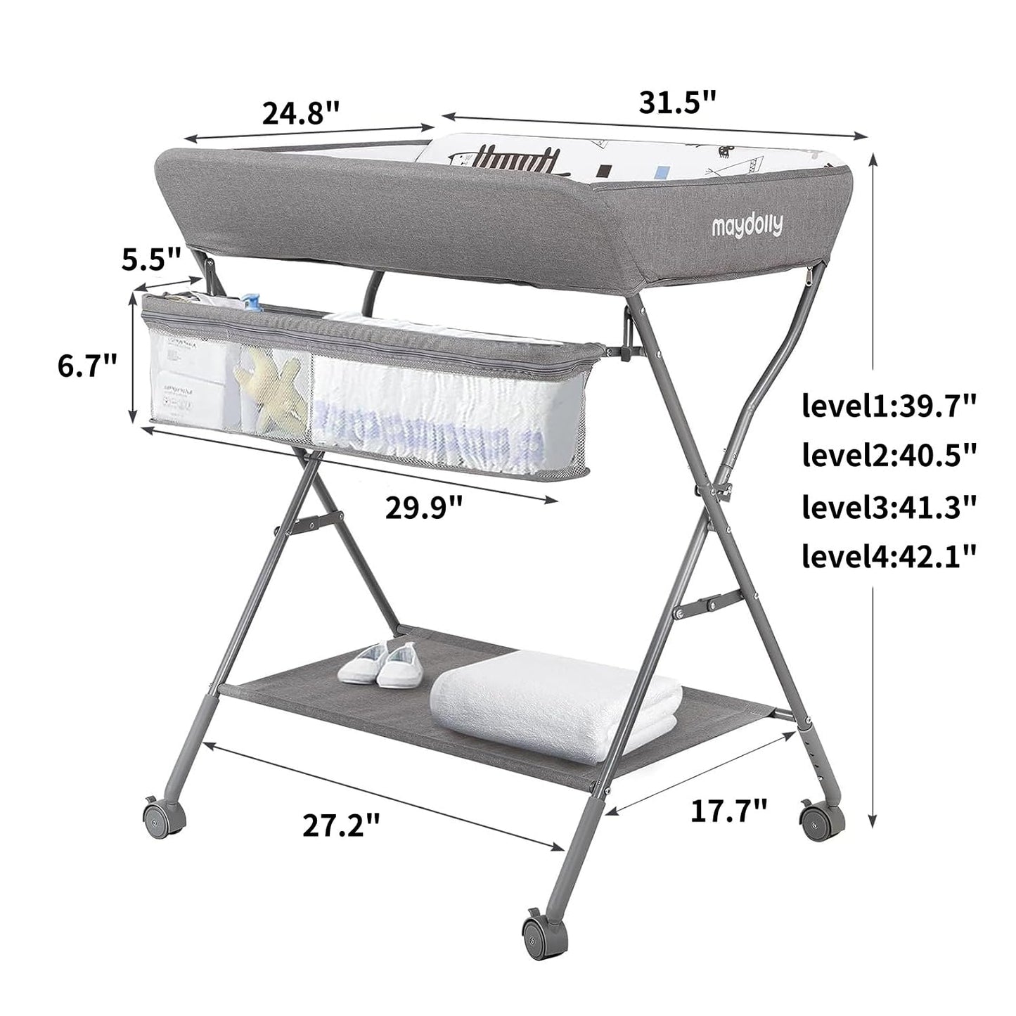 Baby Changing Table with Wheels, Maydolly Portable Adjustable Height Folding Diaper Station with Nursery Organizer & Storage Rack for Newborn Baby and Infant (Light Grey)