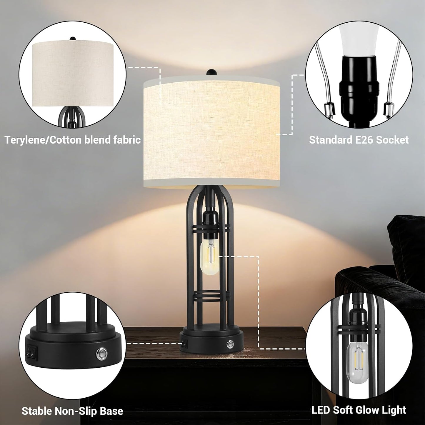 Black Table Lamps Set of 2, Table Lamp with USB Port, 3 Color Temperatures, Stepless Dimming, Bedside Lamps, Bedroom Lamps, Farmhouse Lamps for Living Room(Bulbs Included)