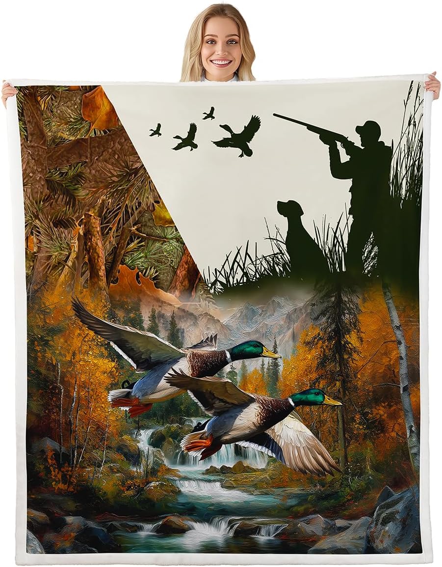 Erosebridal Duck Hunting Throw Blanket - Wild Animal Mallard Theme Fleece 50"x60" - Dog Hunter Wildlife Flying Fuzzy Sherpa for Rustic Farmhouse