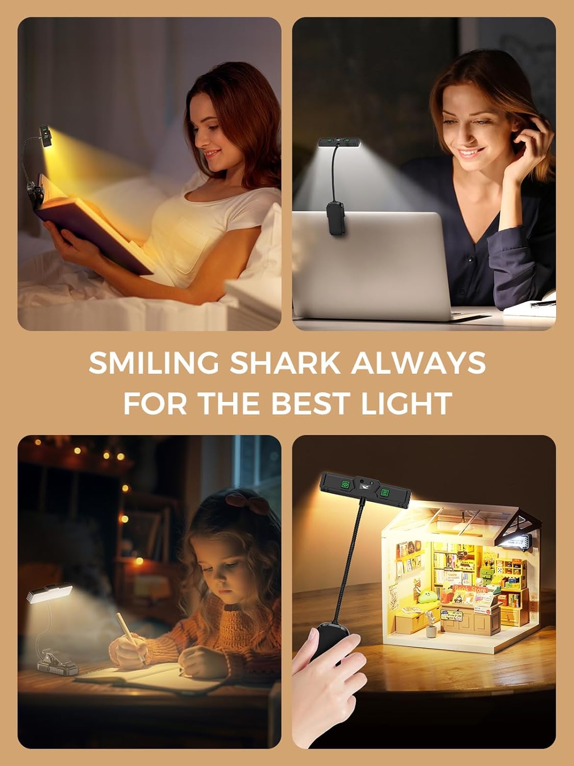 Smiling Shark Reading Lamp, 1200 mAh Rechargeable LED Books Light Motion Sensor 3 Color Temperature 6 Lighting Mode Portable Eyes Caring Clip On Reading Light with Adjustable Goose Neck for Book Study