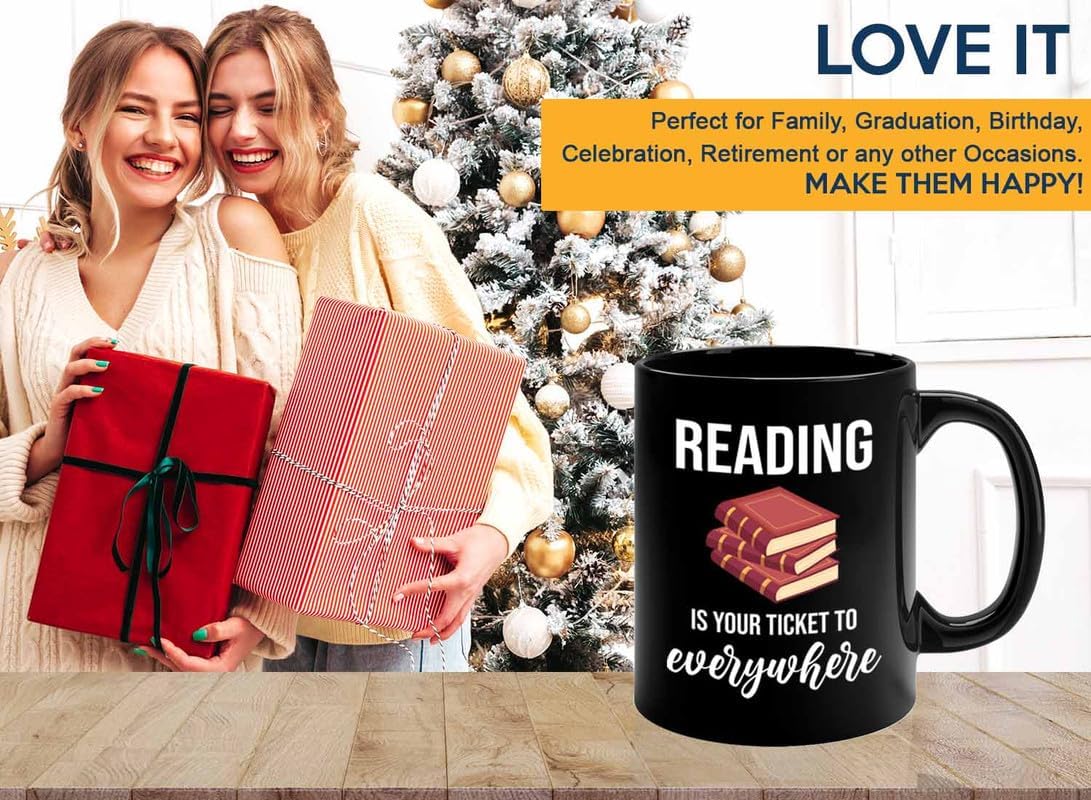Bookish Coffee Mug 11oz Black -Reading ticket to everywhere - Novel enthusiast Book Club Librarian Book Lover Writer Reader Bibliophile