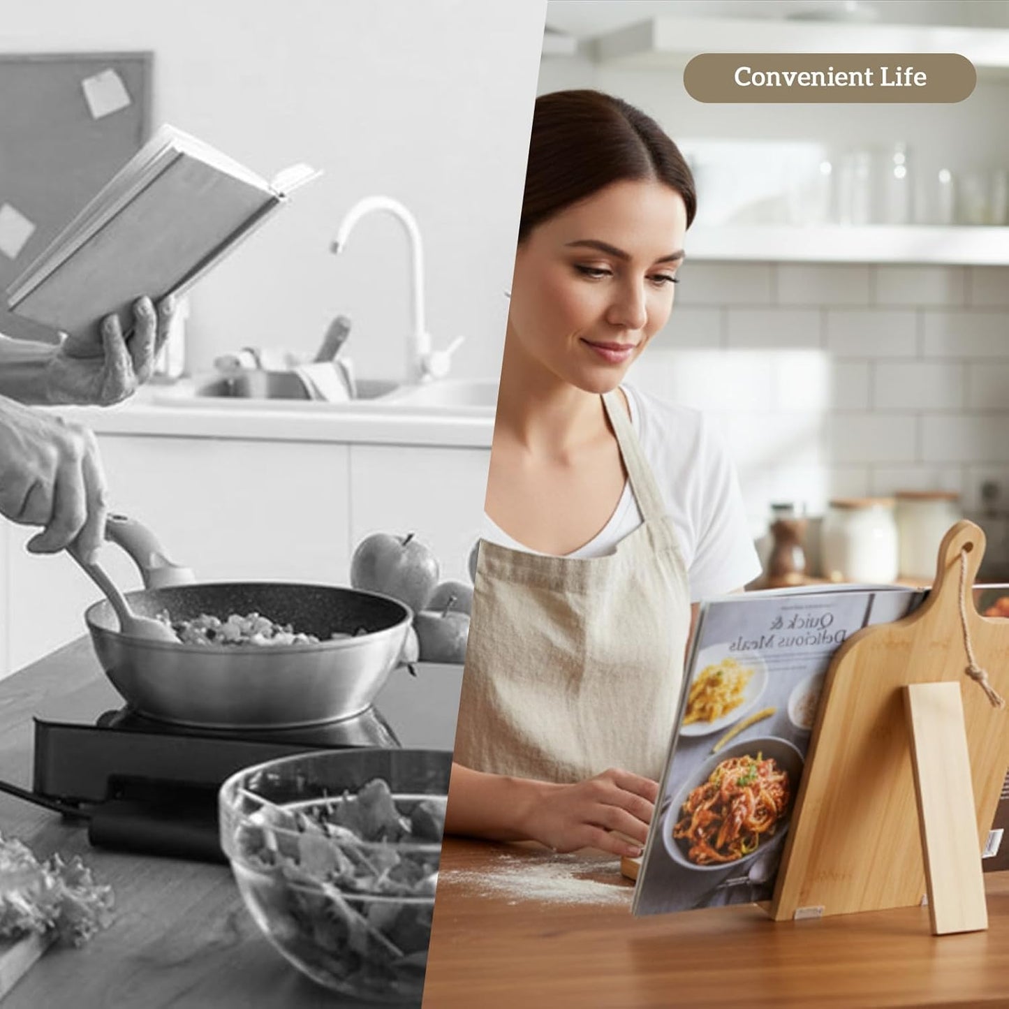 Bamboo Cookbook Stand for Kitchen Counter, Foldable Cook Book Holder with Measurement Conversion Chart Recipe Book Stand Essential Accessories for Holding Cookbooks