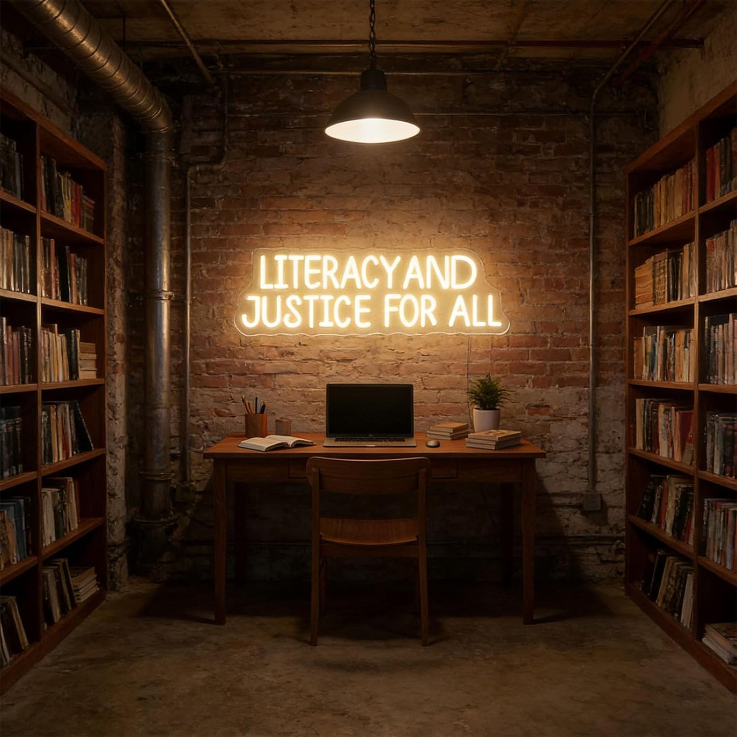Literacy and Justice For All Neon Sign -23 inch - Book Wall Sign Decor, Reading Wall Hanging LED Light, Bookshelf Wall, Library Neon, Bookish, Book Lover, Inspirational Student Decor Gift-Warm White
