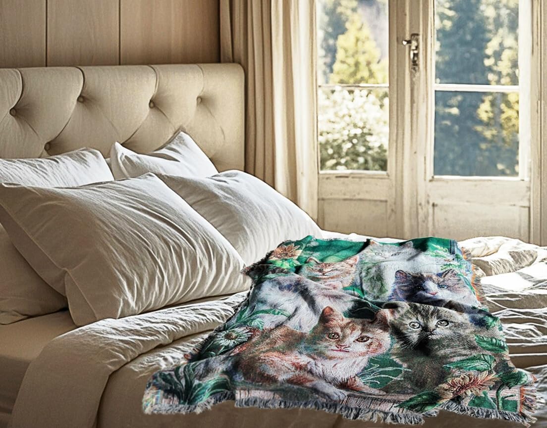 Garden Cat Flower Woven Tapestry Throw Blanket Wall Hanging Art Handicrafts Jacquard Multipurpose Soft Travel Mat Outdoor with Fringe Tassels 50 X 60 Inches