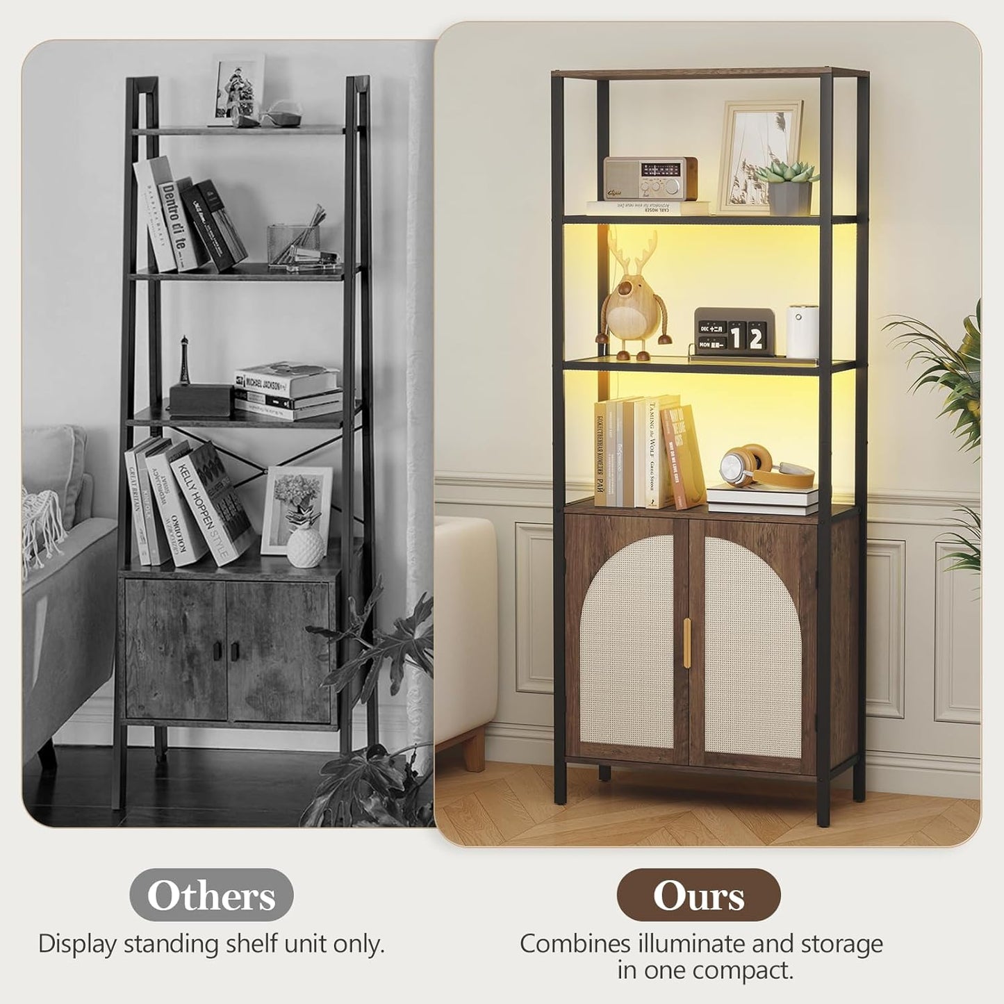 Rattan Bookshelf with Storage, 71" Tall Bookcase with Doors, Boho Book Shelf Narrow with LED Lights for Living Room, Bedroom, Home Office, Brown