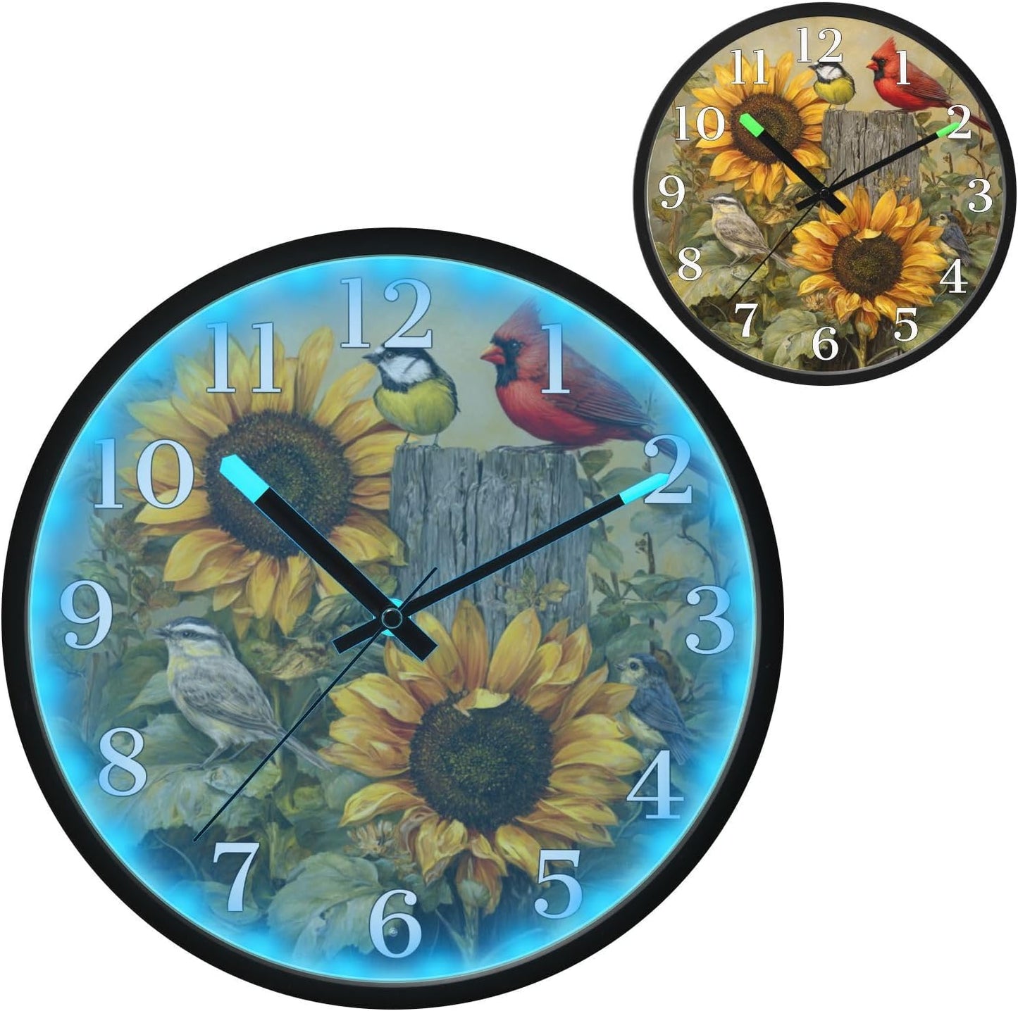 Red Cardinal Bird with Sunflower Night Light Wall Clock Light Up Luminous Non-Ticking Silent Battery Operated Clocks 12 Inch for Kitchen Home