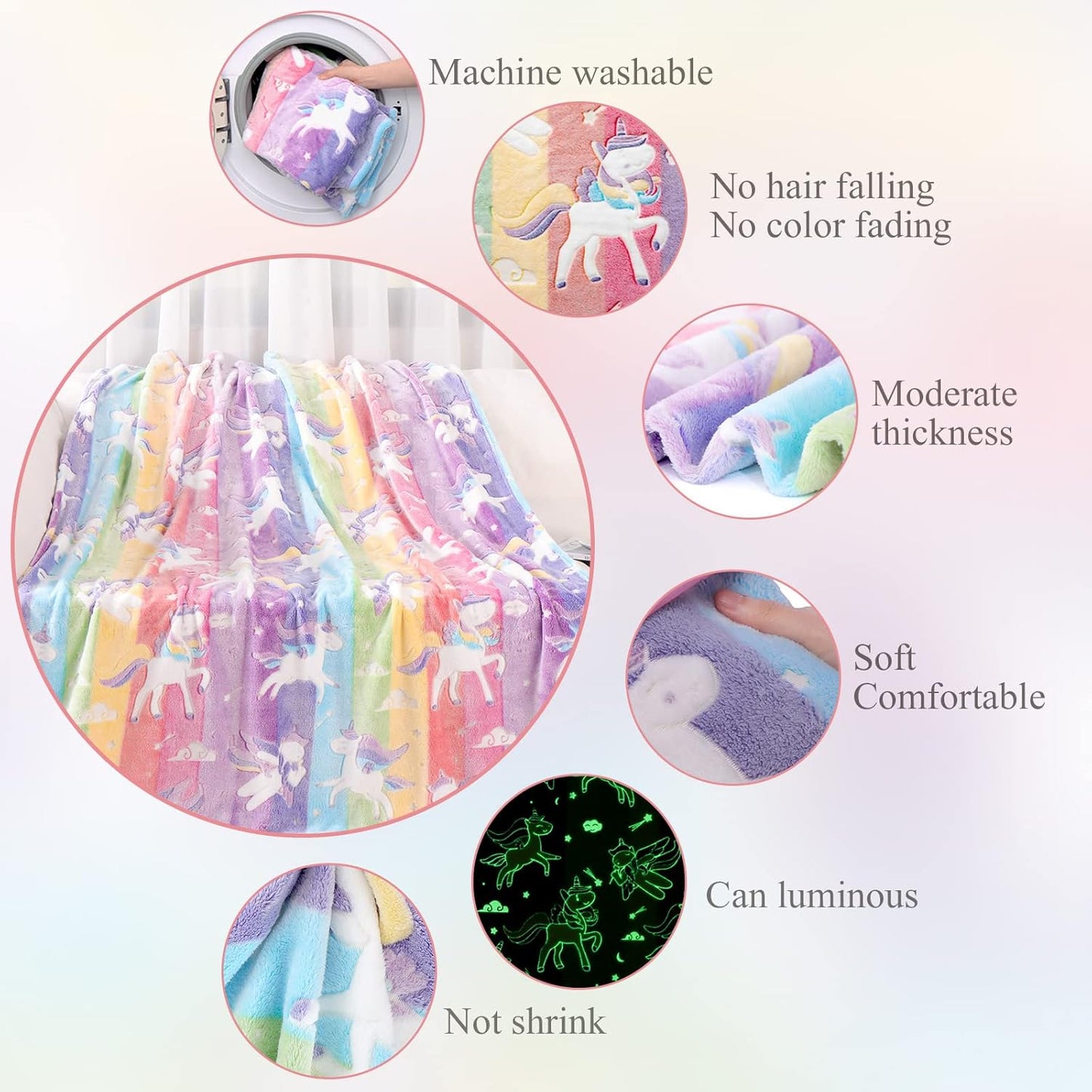 Glow in The Dark Blanket Unicorns Gifts for Girls,Soft Blanket 3 4 5 6 7 8 9 10 Year Old Girl Gifts,Toddler Girls Toys Age 6-8,Easter Gifts for Kids Birthday Gift Presents,60"x80"