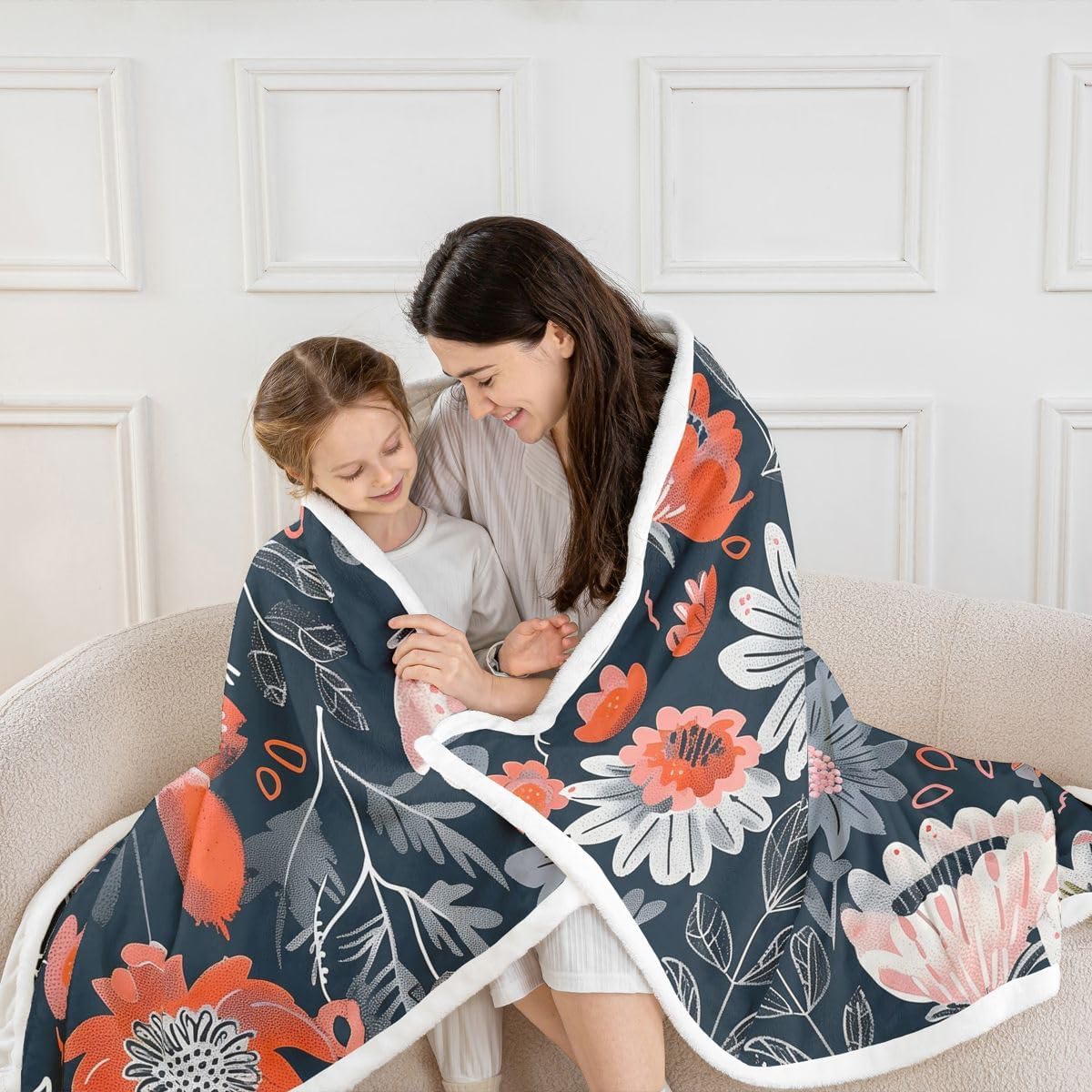 Feelyou Vintage Sherpa Throw Blanket for Couch Boho Neutral Super Soft Cozy Fleece Flowers Blanket for Winter, Plush Throw Throw 50"x60" All Season