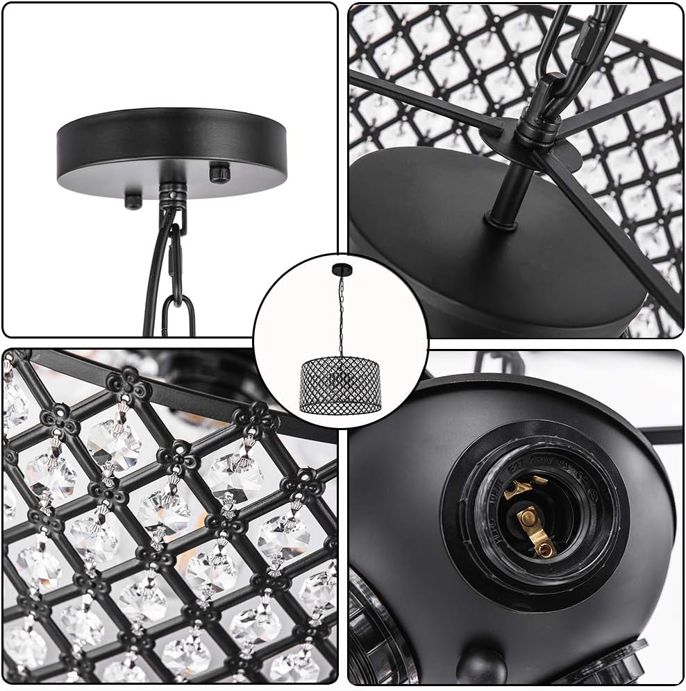 Lingkai 15.75“ Modern Crystal Chandelier Pendant Light Fixture 3-Light Hanging Pendant Ceiling Lamp Caged Metal Drum Shade Black Finish