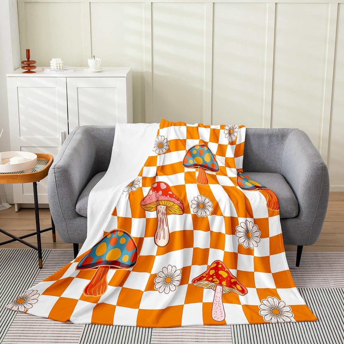 Retro 60s 70s Groovy Flower Throw Blanket,Kawaii Mushroom Fleece Blanket for Girls Women Adult,Cute 1970 Daisy Hippie Flannel Blanket Queen 90x90,Orange White Plaid Checkered Fuzzy Blanket
