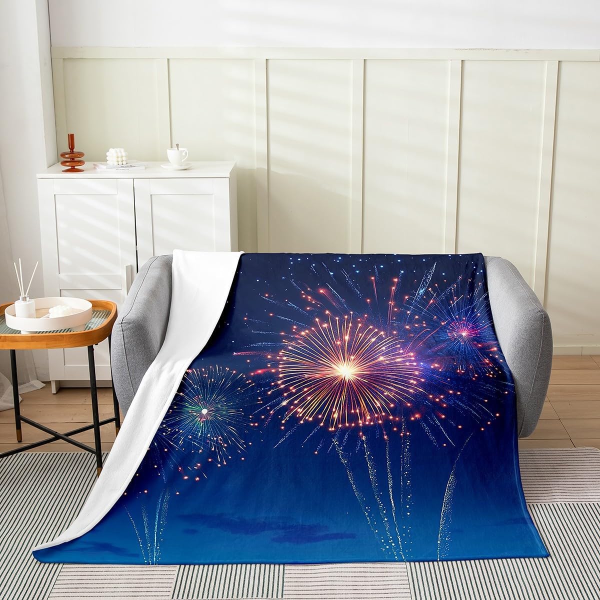 Erosebridal Firework Fleece Blanket,Watercolor Fireworks Throw Blanket Throw 50x60 Inch for Bedroom,Oil Painting Night Sky Bed Blanket,Happy Holiday Flannel Blanket Luxury Soft
