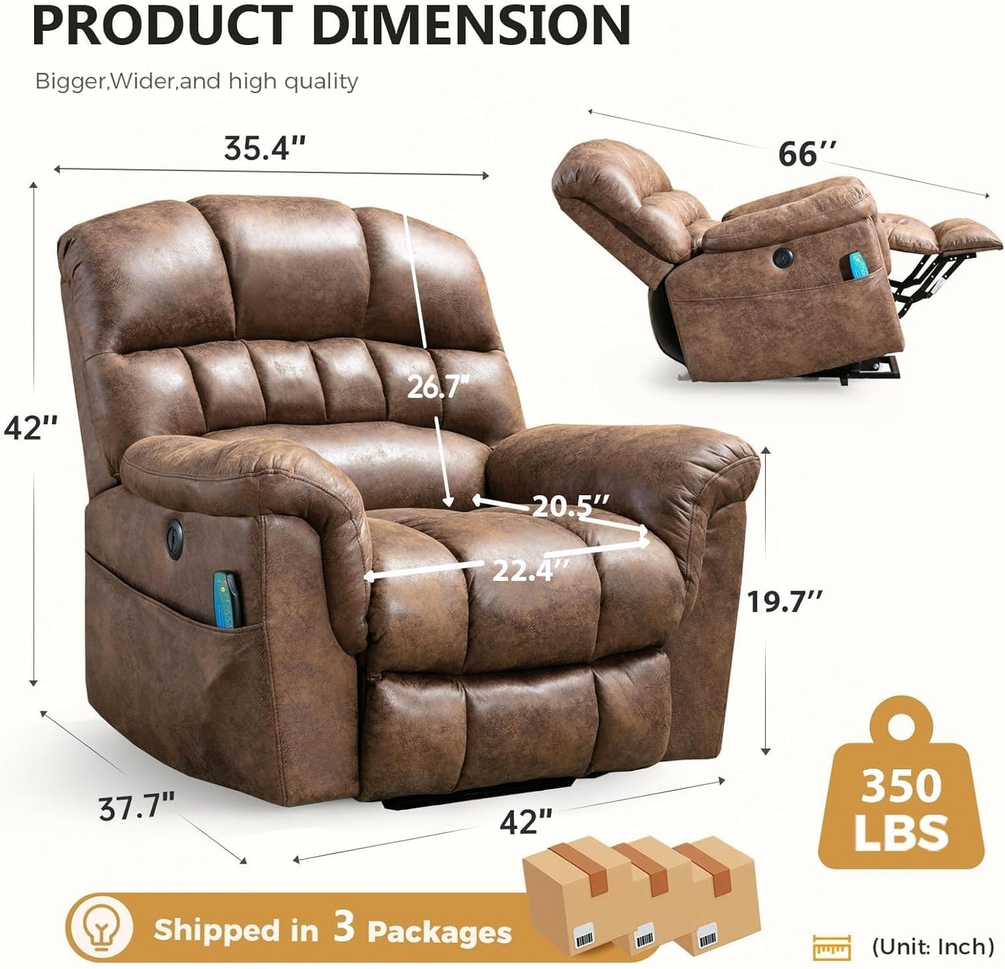 Faux Leather Electric Lifting Recliners Brown Overstuffed Wide Reclining Sofa with Side Pockets USB Port for Elderly Power Lift Recliner Chair for Living Room with Massage and Heat